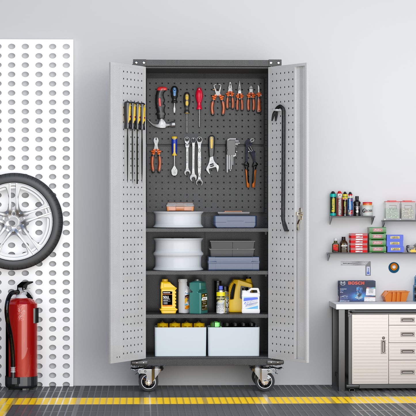 72'' Metal Storage Cabinet,Large Space Lockable Steel Storage Cabinet with 4 Adjustable Shelves and Single Handle,Two Doors Metal Cabinet for Home Garage Office,Assembly Required(Gery)