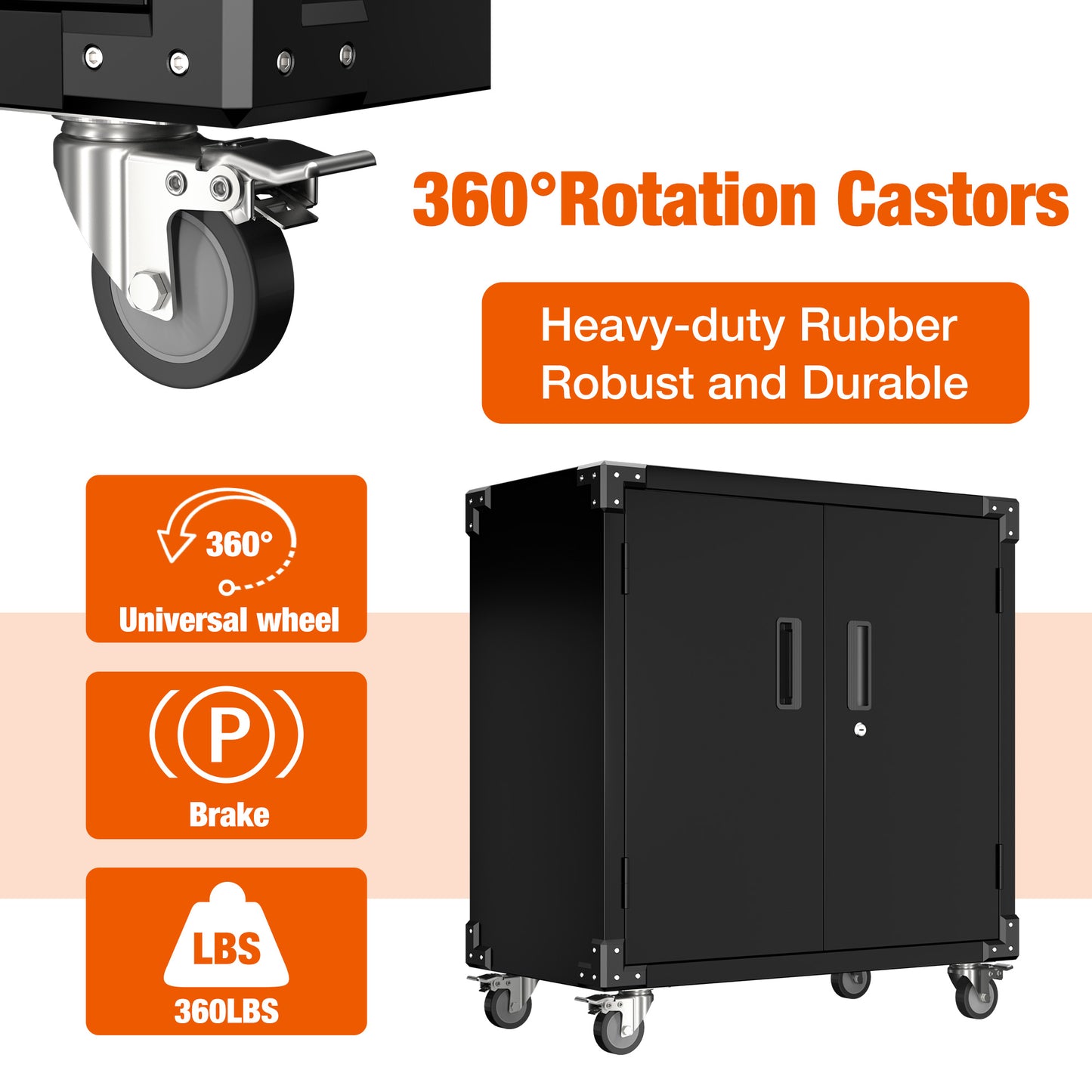 Metal Cabinet with Wheels,Black Rolling Storage Cabinet with Locking Doors and Adjustable Shelves,Small Metal Garage Storage Cabinet with Wheels for Home,Kitchen,Office,Warehouse(36”H)