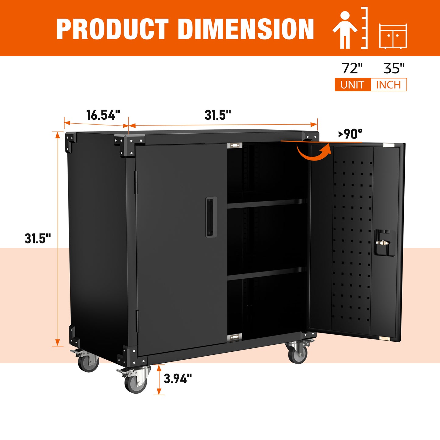Metal Cabinet with Wheels,Black Rolling Storage Cabinet with Locking Doors and Adjustable Shelves,Small Metal Garage Storage Cabinet with Wheels for Home,Kitchen,Office,Warehouse(36”H)