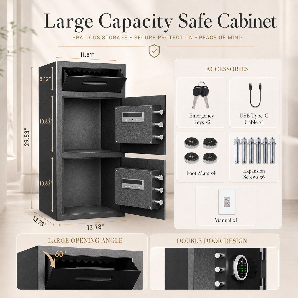 6.5 Cub Safes Box, Fireproof Safes For Home, Fireproof Safes For Home With Double Door & Key Hook, With Backlit Keypad & Dual Alarm For Home Office Business Home Safes