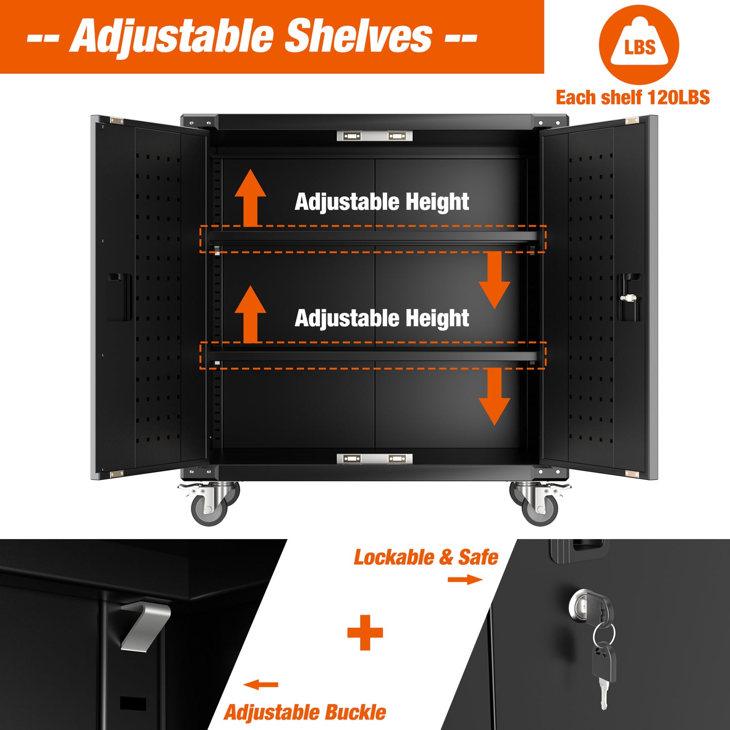 Metal Cabinet with Wheels,Black Rolling Storage Cabinet with Locking Doors and Adjustable Shelves,Small Metal Garage Storage Cabinet with Wheels for Home,Kitchen,Office,Warehouse(36”H)