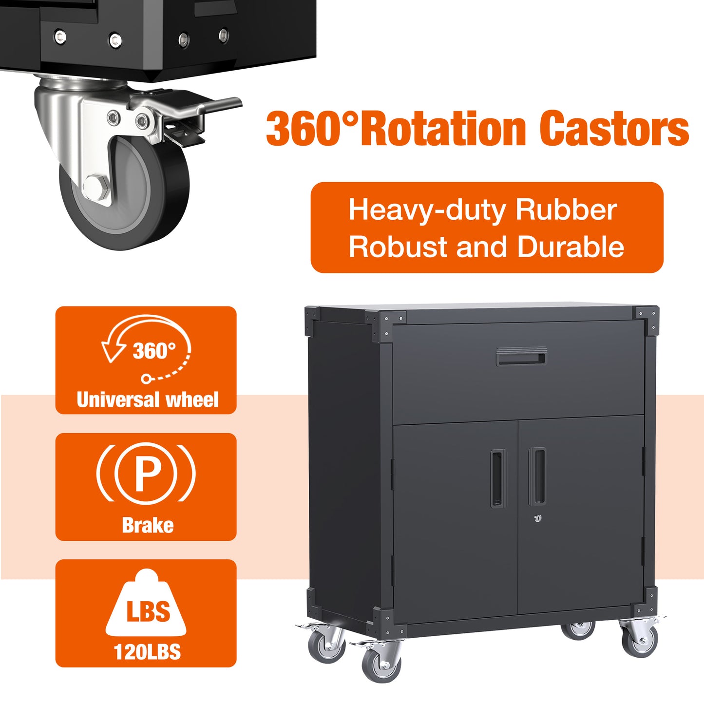 Metal Garage Cabinet with Wheels,Mobile Storage Cabinet with 2 Doors & 1 Drawer,Steel Storage Cabinet for Garage,Home,Office,Utility Room- Assembly Required (Black)