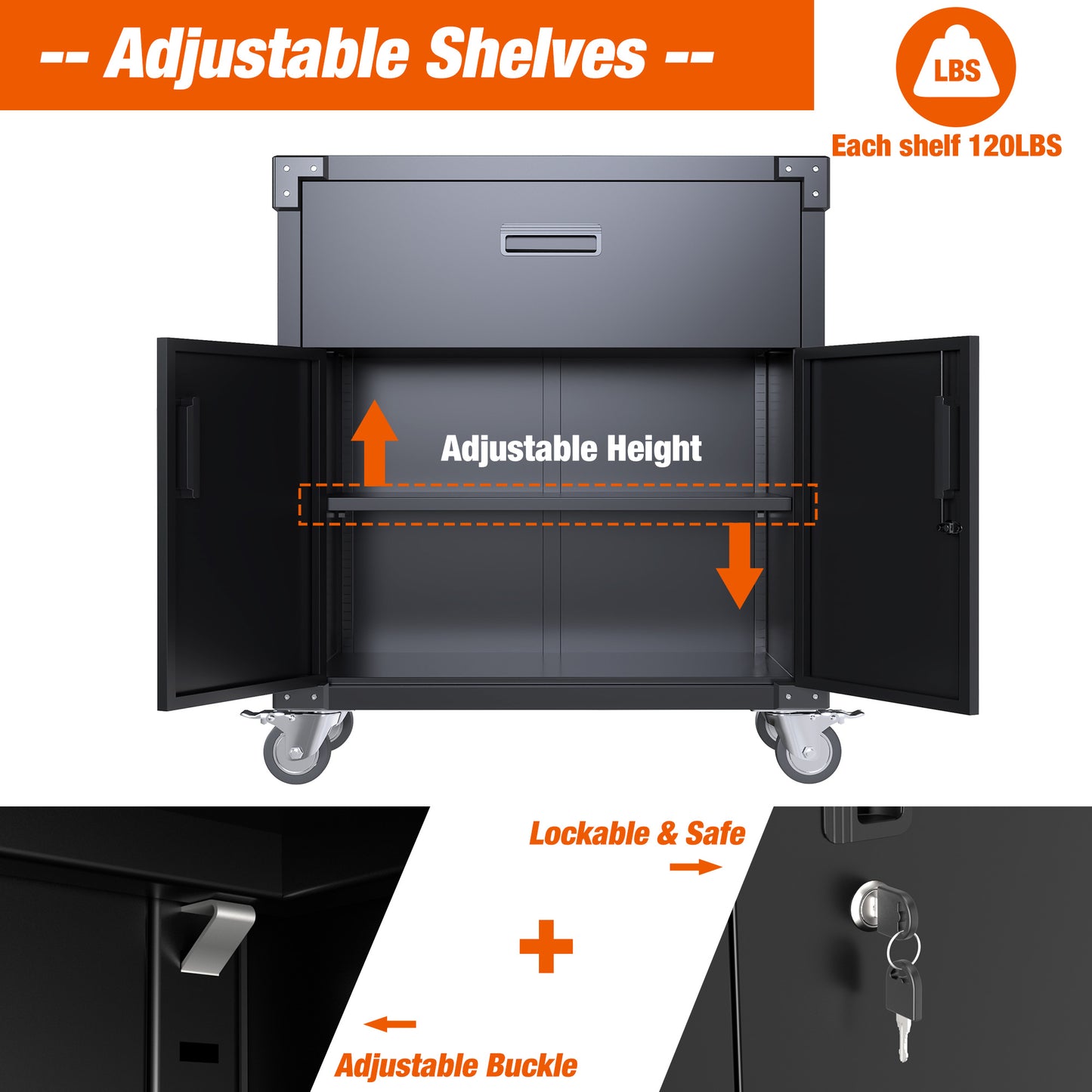 Metal Garage Cabinet with Wheels,Mobile Storage Cabinet with 2 Doors & 1 Drawer,Steel Storage Cabinet for Garage,Home,Office,Utility Room- Assembly Required (Black)