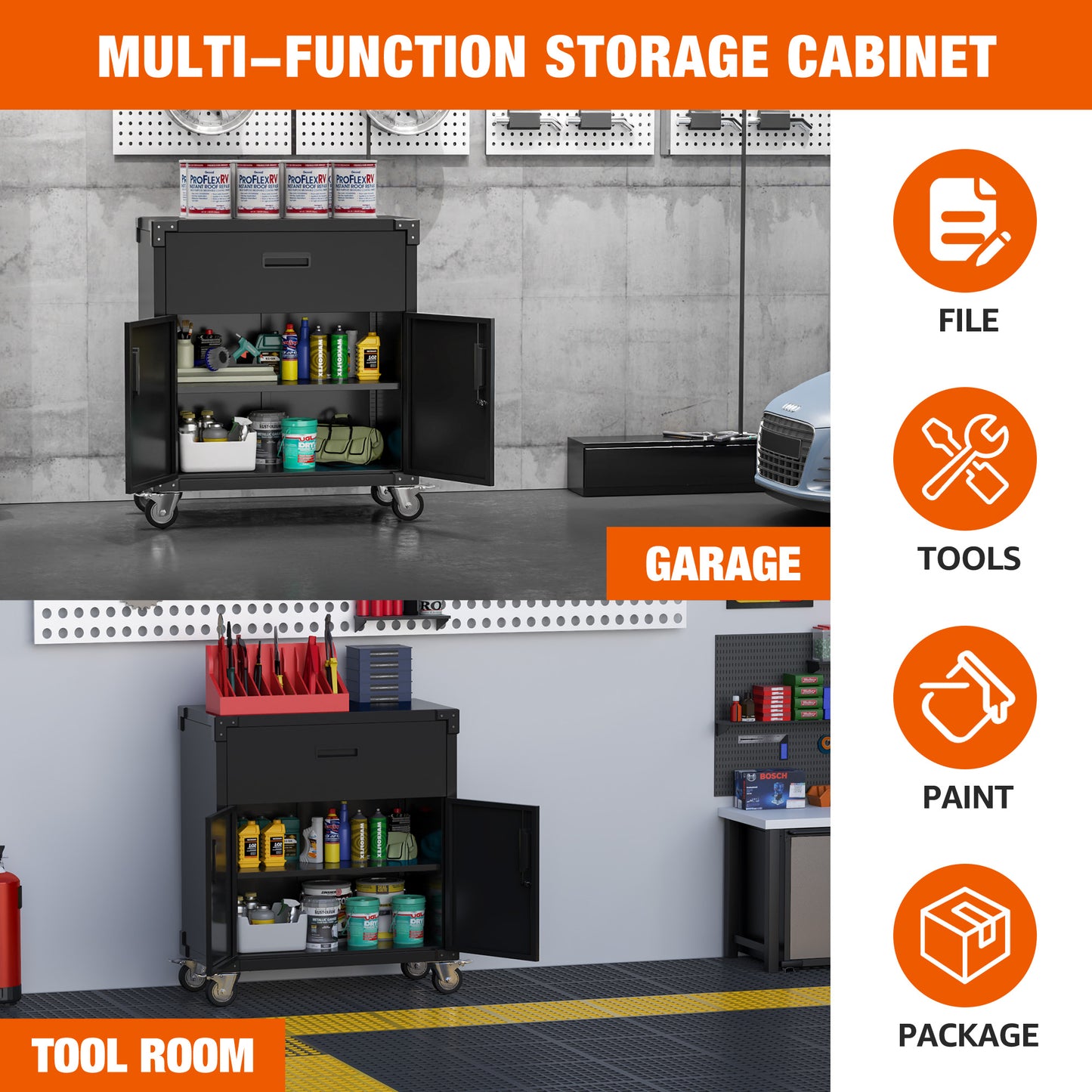 Metal Garage Cabinet with Wheels,Mobile Storage Cabinet with 2 Doors & 1 Drawer,Steel Storage Cabinet for Garage,Home,Office,Utility Room- Assembly Required (Black)