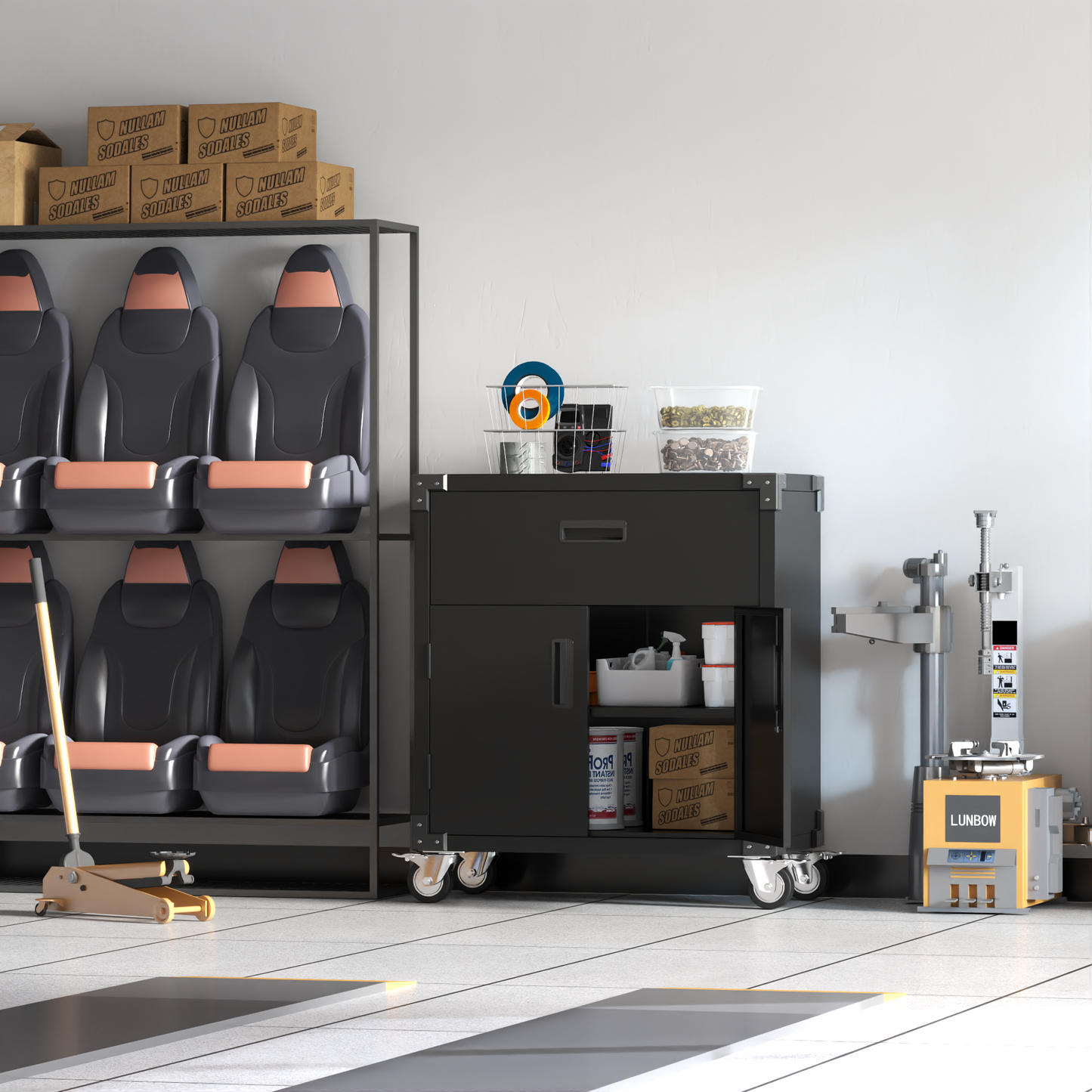 Metal Garage Cabinet with Wheels,Mobile Storage Cabinet with 2 Doors & 1 Drawer,Steel Storage Cabinet for Garage,Home,Office,Utility Room- Assembly Required (Black)