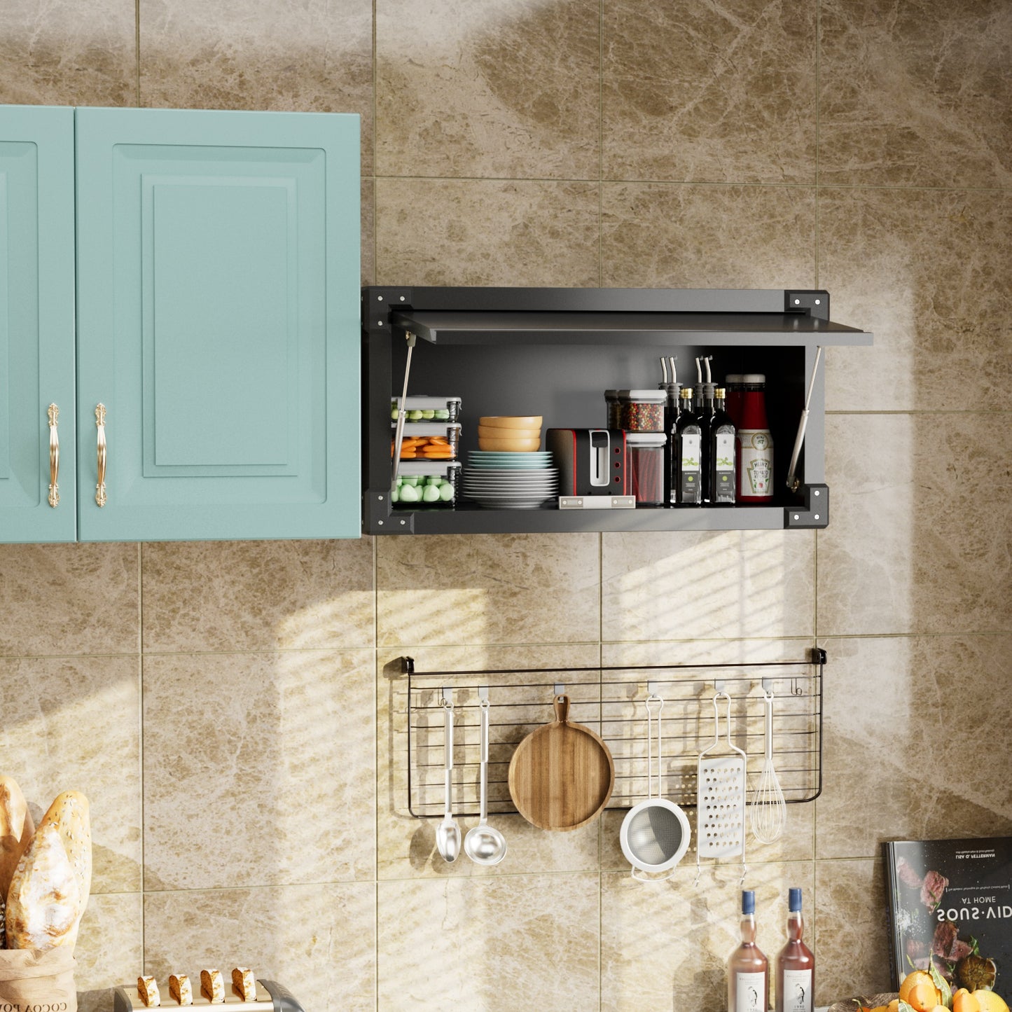 Metal Wall Storage Cabinet with Up-Flip Door, Small Wall-Mounted Storage Cabinet for Kitchen, Garage, Office, Black, Assembly Required