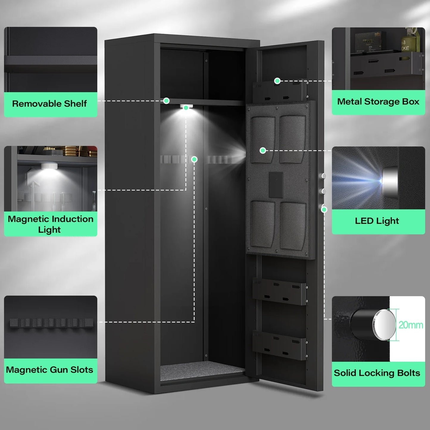 Gun Safe with Removable Shelf and 3 Magnetic Gun Slots, 10-12 Large Gun Safe for Guns and Pistols, Gun Cabinet with Magnetic Induction Light and Storage Bag