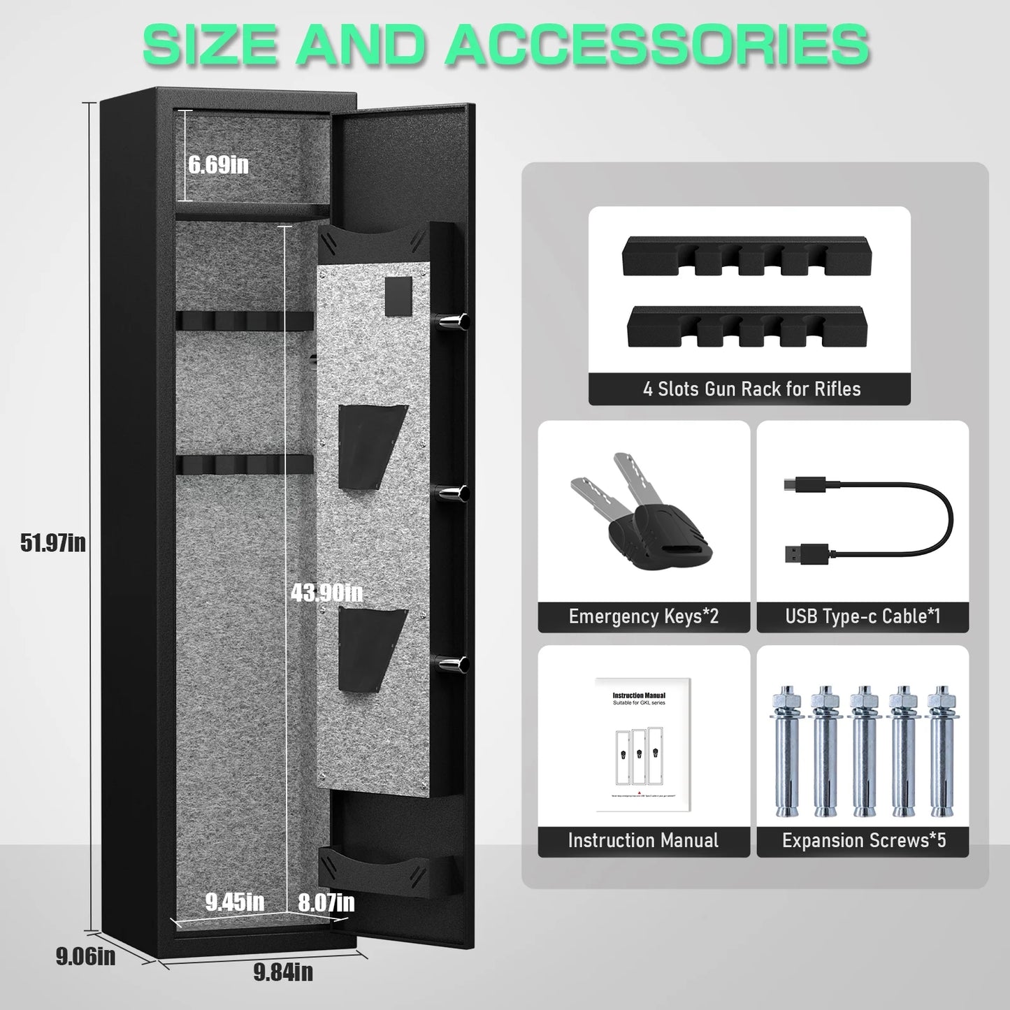 Riflevault 2-3 Biometric Fingerprint Gun Safe for Guns and Pistols, Quick Access Gun Safe with Silent Mode and Alarm System, Gun Cabinet with Removable Shelf and 2 Adjustable Gun Slots