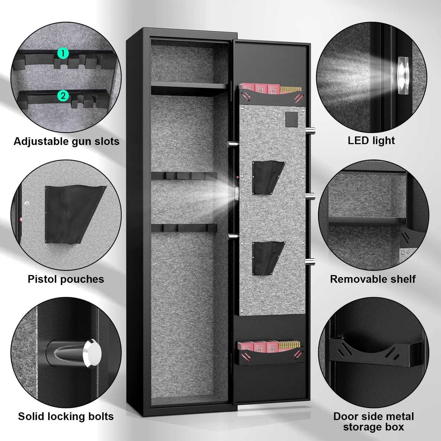 Riflevault 2-3 Biometric Fingerprint Gun Safe for Guns and Pistols, Quick Access Gun Safe with Silent Mode and Alarm System, Gun Cabinet with Removable Shelf and 2 Adjustable Gun Slots