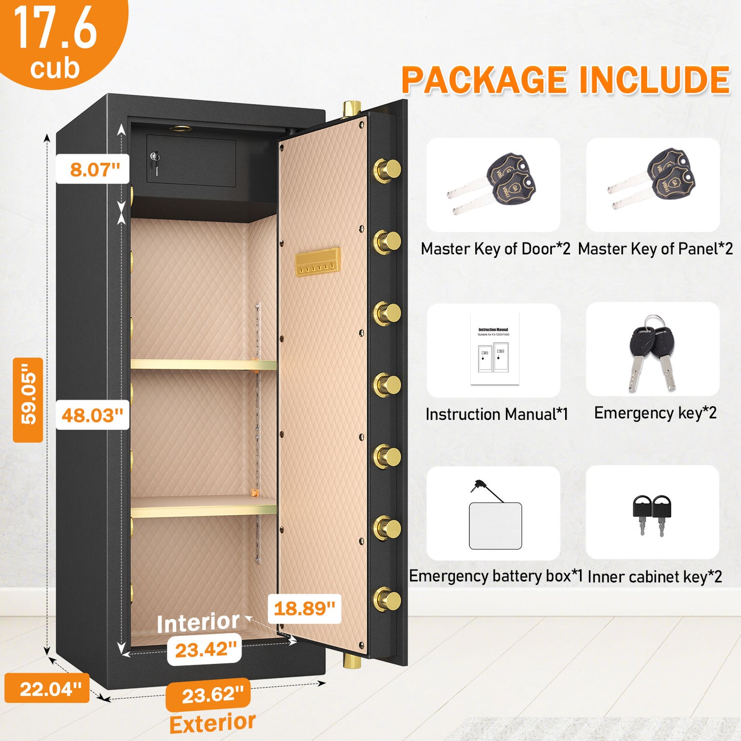 KAV Extra Large Safe Box, 17.6 Cubic Feet Heavy Duty Big Safe with Security Double Key Lock & Seperate Lock Box