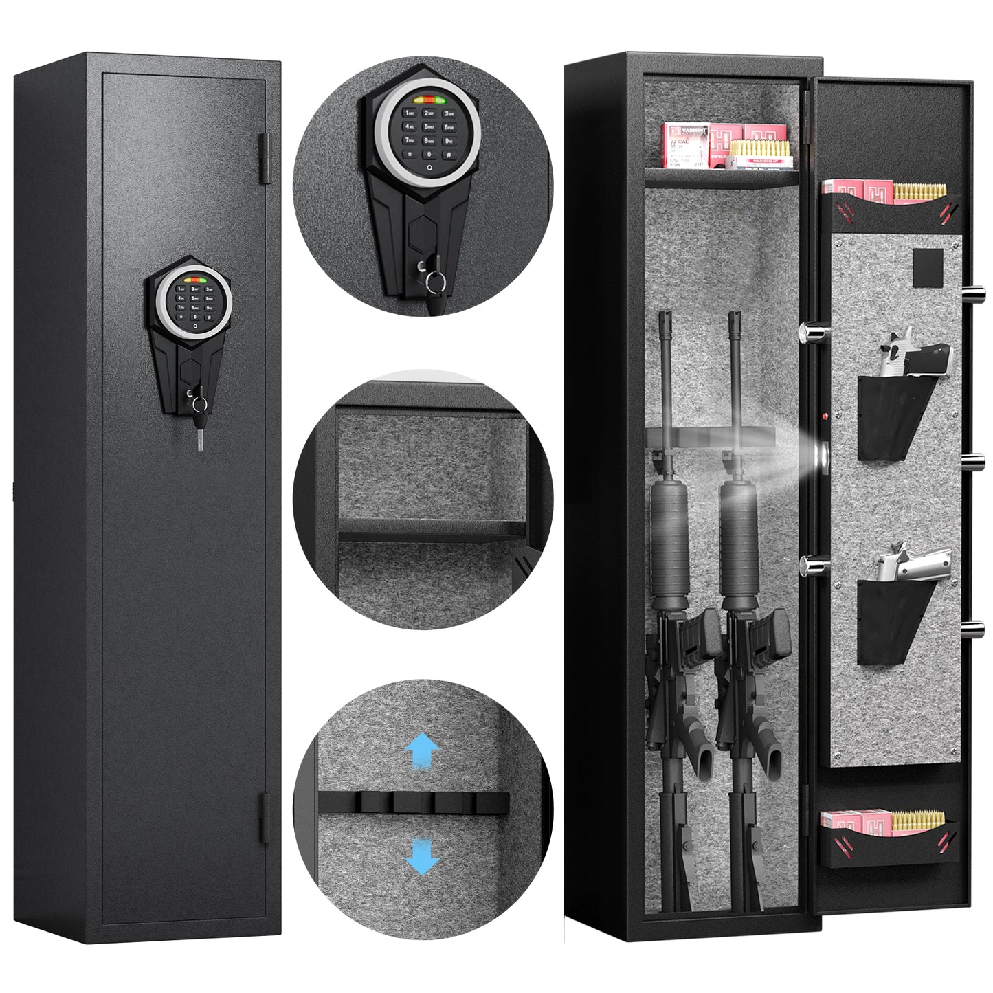 2 Gun Safe, Gun Safe for Long Guns and Pistols with Digital Keypad and Silent Mode, Gun Cabinet with Adjustable Gun Slot and Removable Shelf