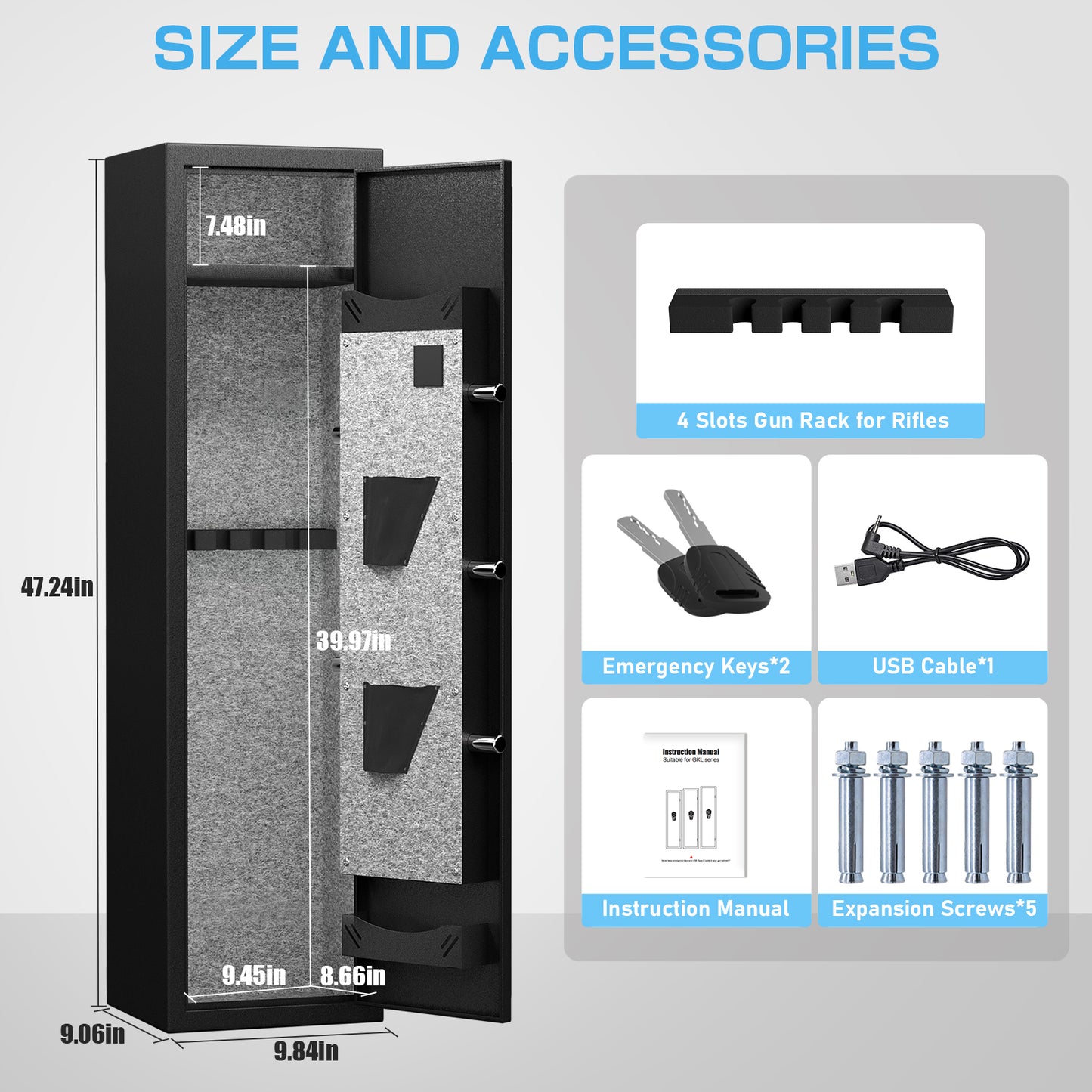 2 Gun Safe, Gun Safe for Long Guns and Pistols with Digital Keypad and Silent Mode, Gun Cabinet with Adjustable Gun Slot and Removable Shelf