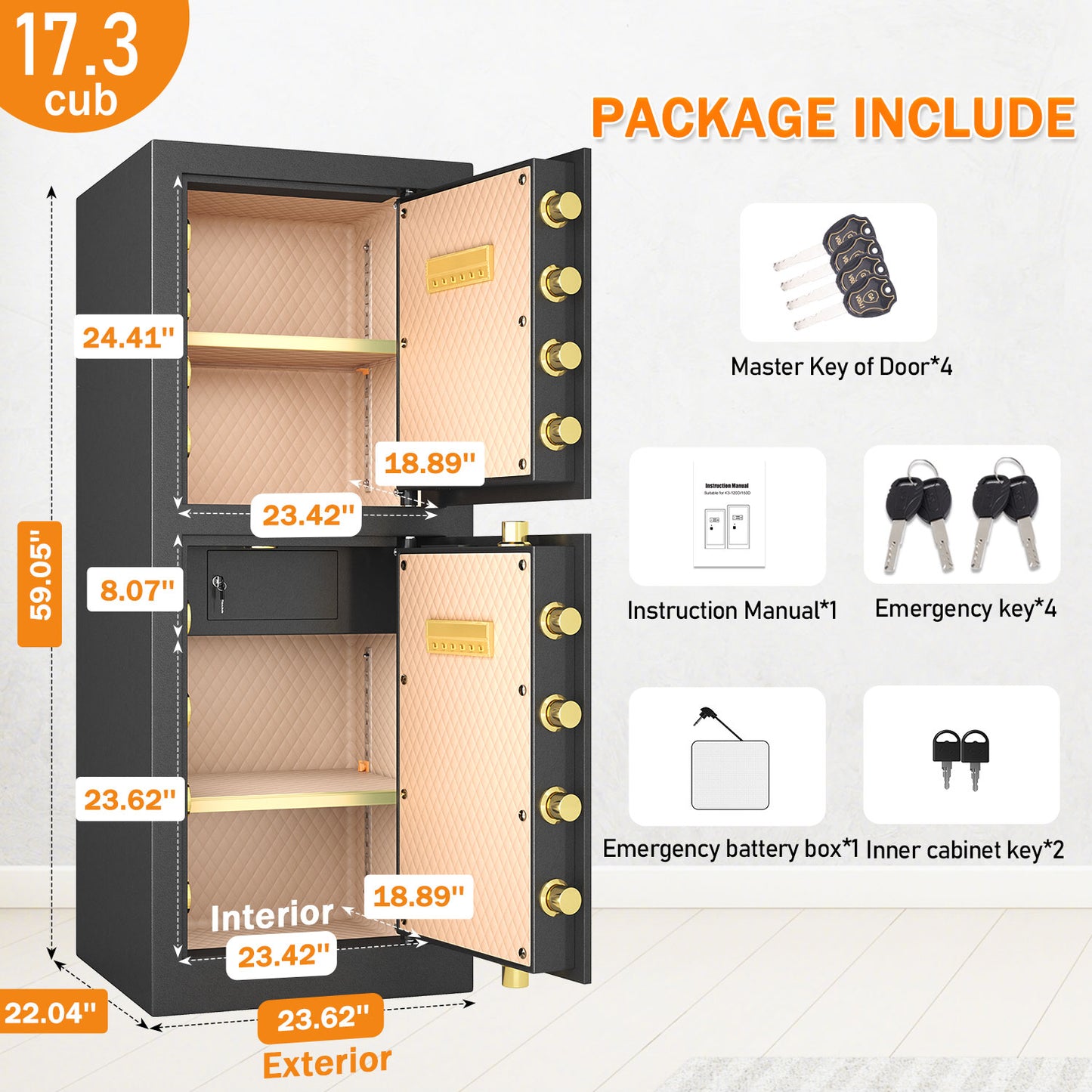 KAV Extra Large Safe Box, 17.3 Cubic Feet Heavy Duty Big Safe with Security Double Key Lock & Seperate Lock Box