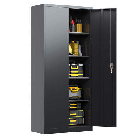 Metal Cabinet, 72” Black Tool Steel Locking Cabinet with Doors and 4 Shelves, Tall Cabinets for Garage Storage Systems Lockable File Cabinet for Home Office, Classroom/Pantry