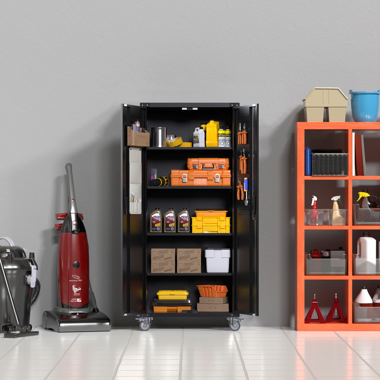 Metal Storage Cabinet with Wheels, 72" Black Garage Rolling Cabinet with Doors and 4 Shelves, Steel Locking Cabinets Tall Tool Lockable Storage Cabinets for Basement, Pantry, Home Office