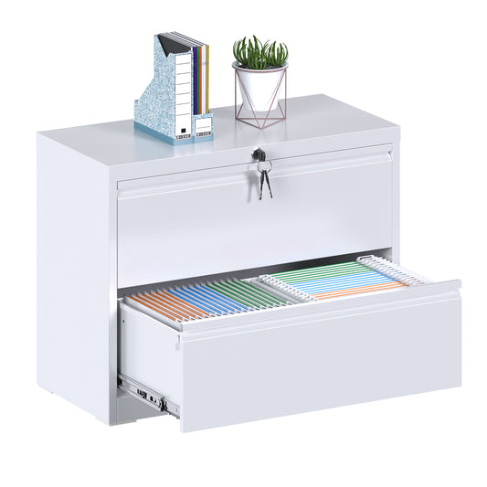Lateral File Cabinet with 2 Drawer, 32" W White Lateral Filing Cabinet with Lock, Metal Steel Black File Cabinets for Home Office