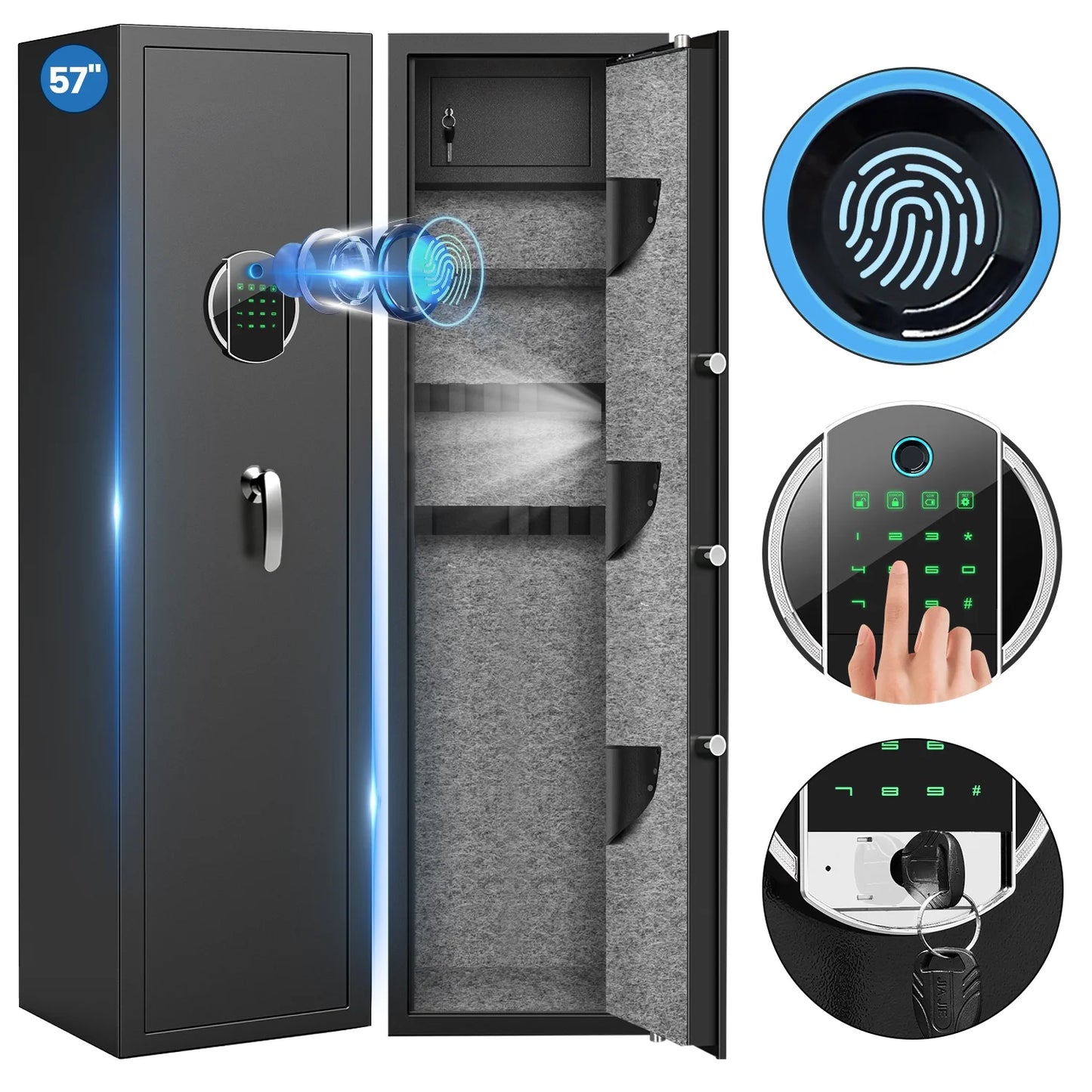 WC Biometic Gun Safe, 57" Quick Access 5-8 Gun Cabinet , Fingerprint Gun Safe for with LED Light, Mute Function and Dual Alarm System