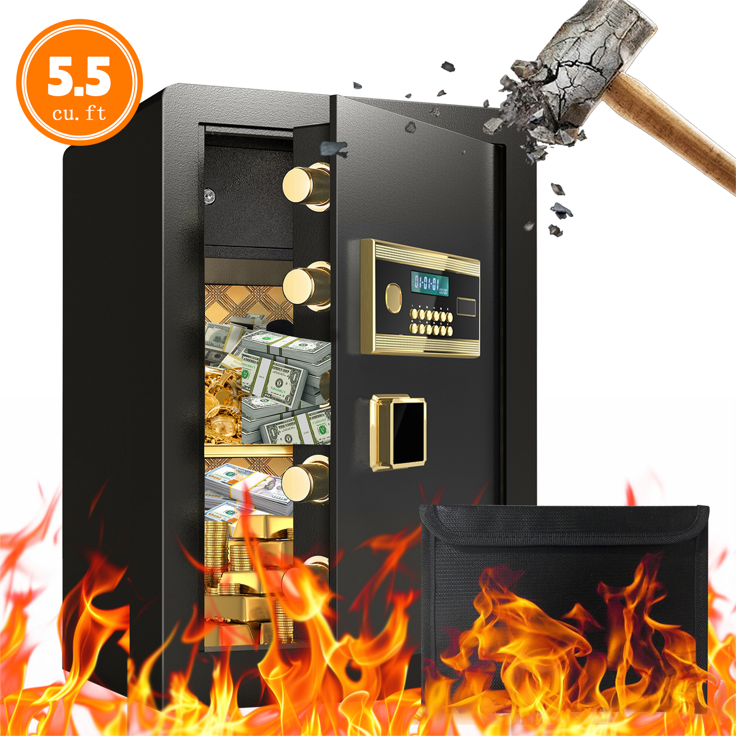 BM 5.5 Cuft Large Home Safe Fireproof Waterproof, Anti-Theft Money Safe Box with Removable Shelf & Dual Alarm System, Digital Security Document Safe for Home Business Office, Gold