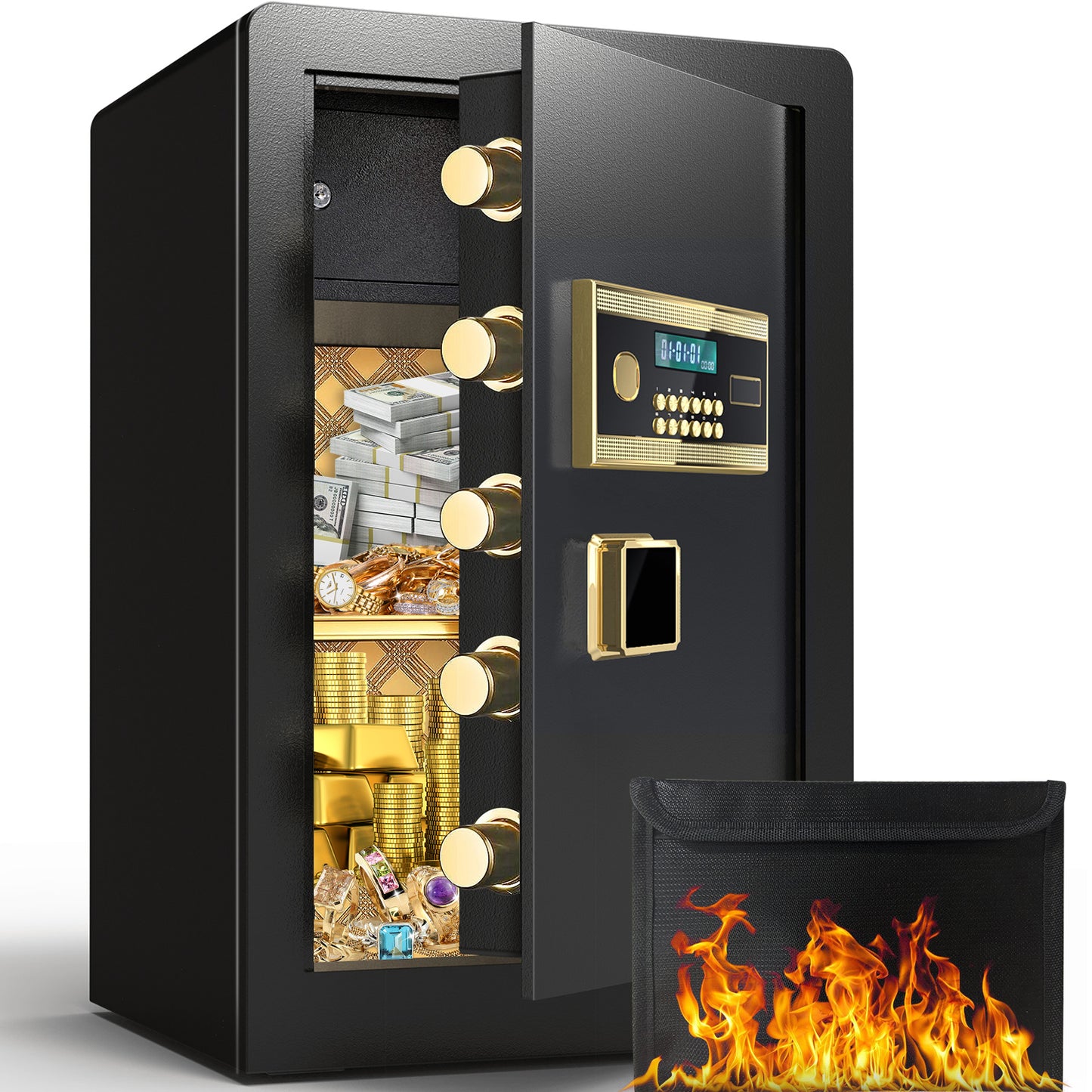 Riflevault RV-K3-68 3 Cub Fireproof Safe with LCD Screen and Hidden Password Function, Large Safe with Fireproof Bag