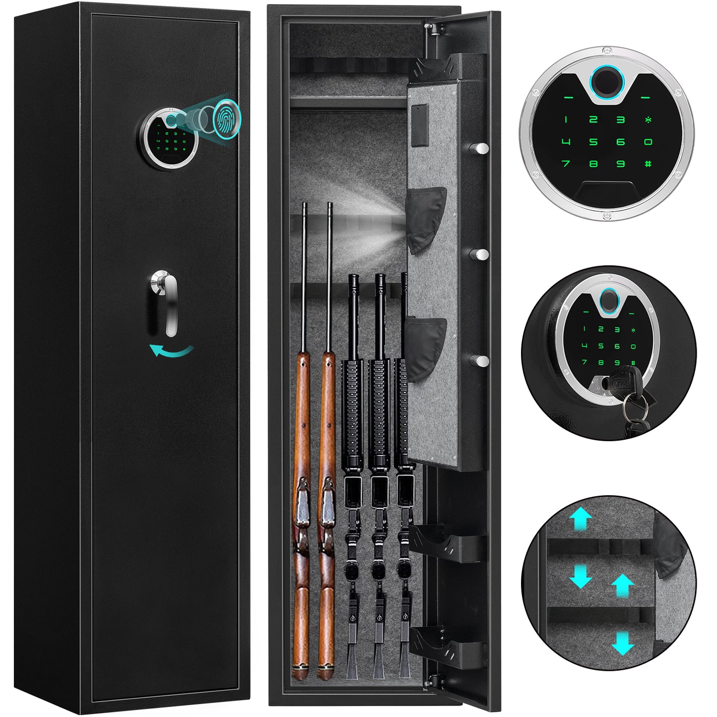 Fingerprint Gun Safe, 3-5 Gun Rifle Safes for Home Rifles and Pistols, Long Gun Safe with Adjustable Support Frame, Pistols Rack, Ammo Storage Shelf and Pistol Bag