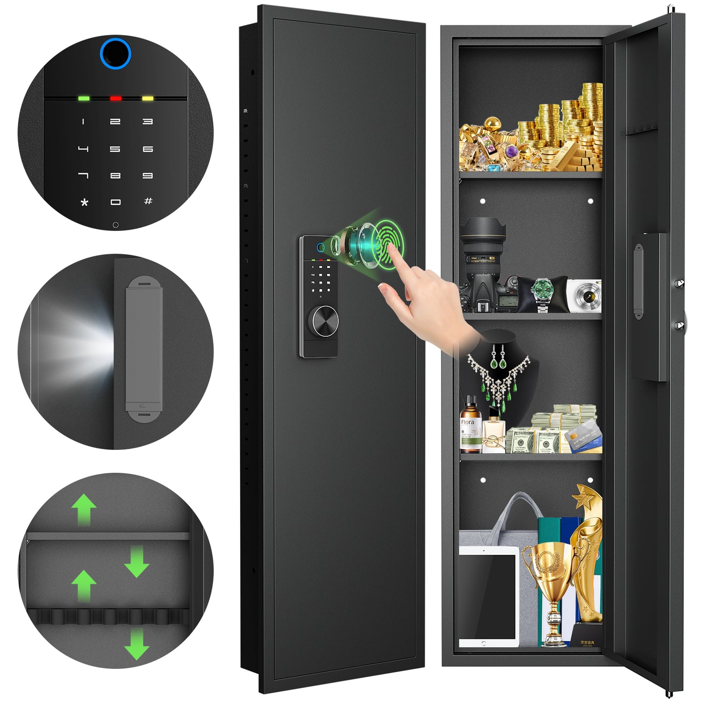 YT- 53.15” Wall Gun Safe - Wall Safes Between the Studs with 3 Adjustable Shelves and Magnetic Slot - Black