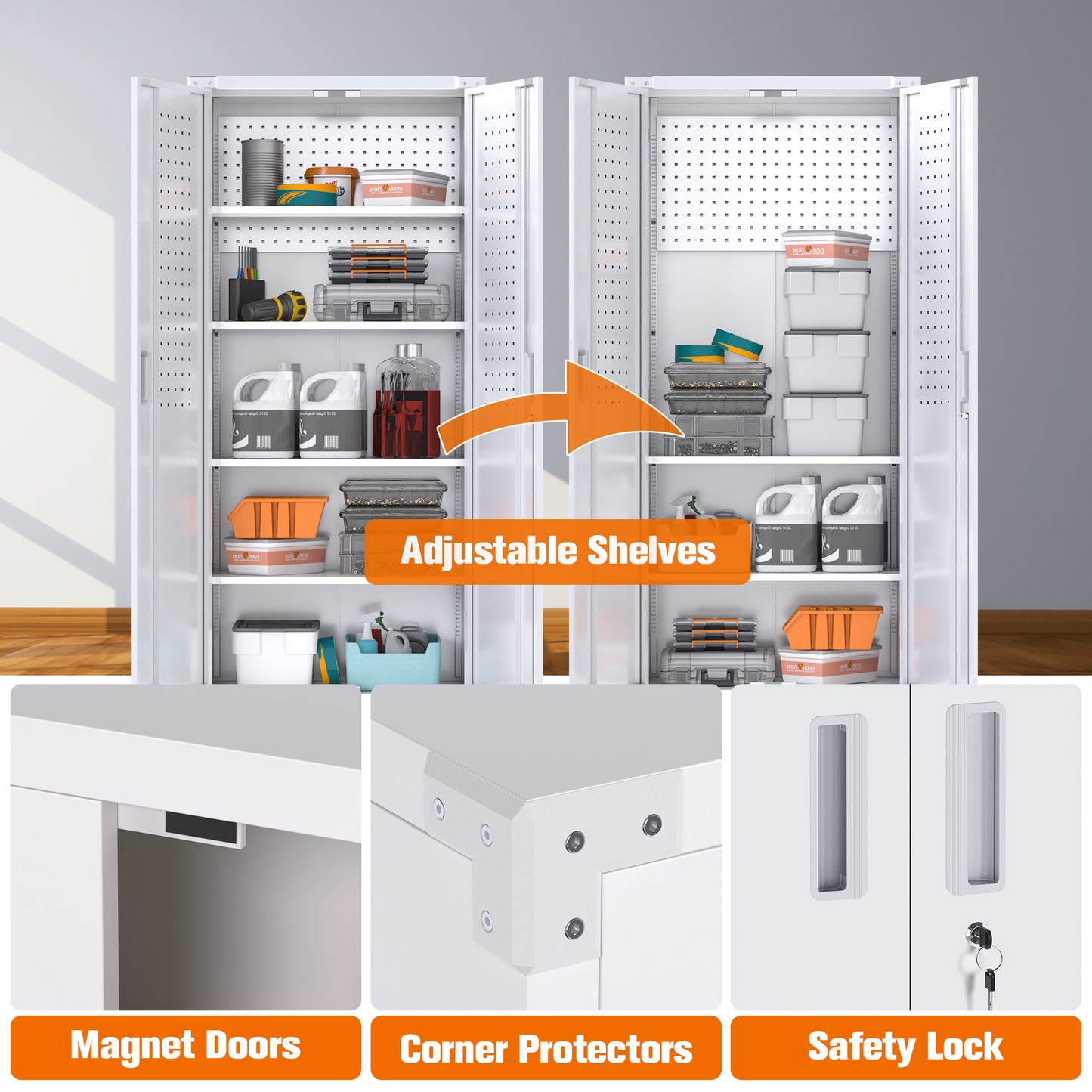 Metal Garage Cabinets with Wheels, 72" Rolling Storage Cabinet with Pegboards and Shelves, Tall Tool Cabinet with Locking Doors for Garage,Home Office,Warehouse(White)