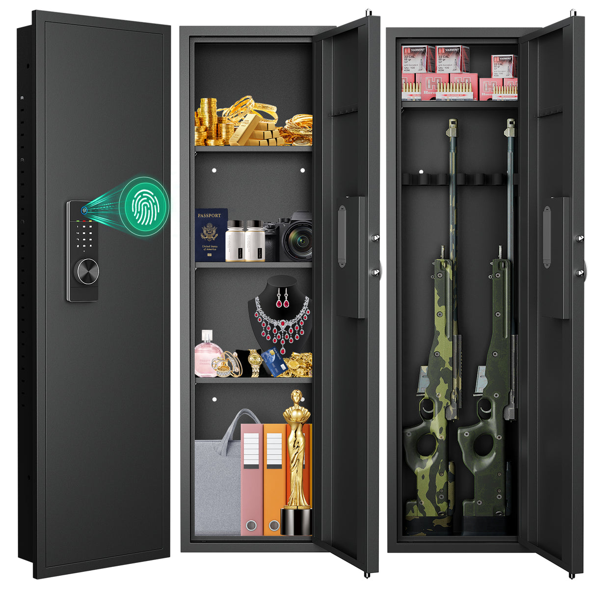 HK KW-135HW 53.15" Wall Safe Fingerprint Lock, Hidden Wall Safe with Dual Alarm & Mute Function, In Wall Safe with Removable Shelves and Magnetic Slot