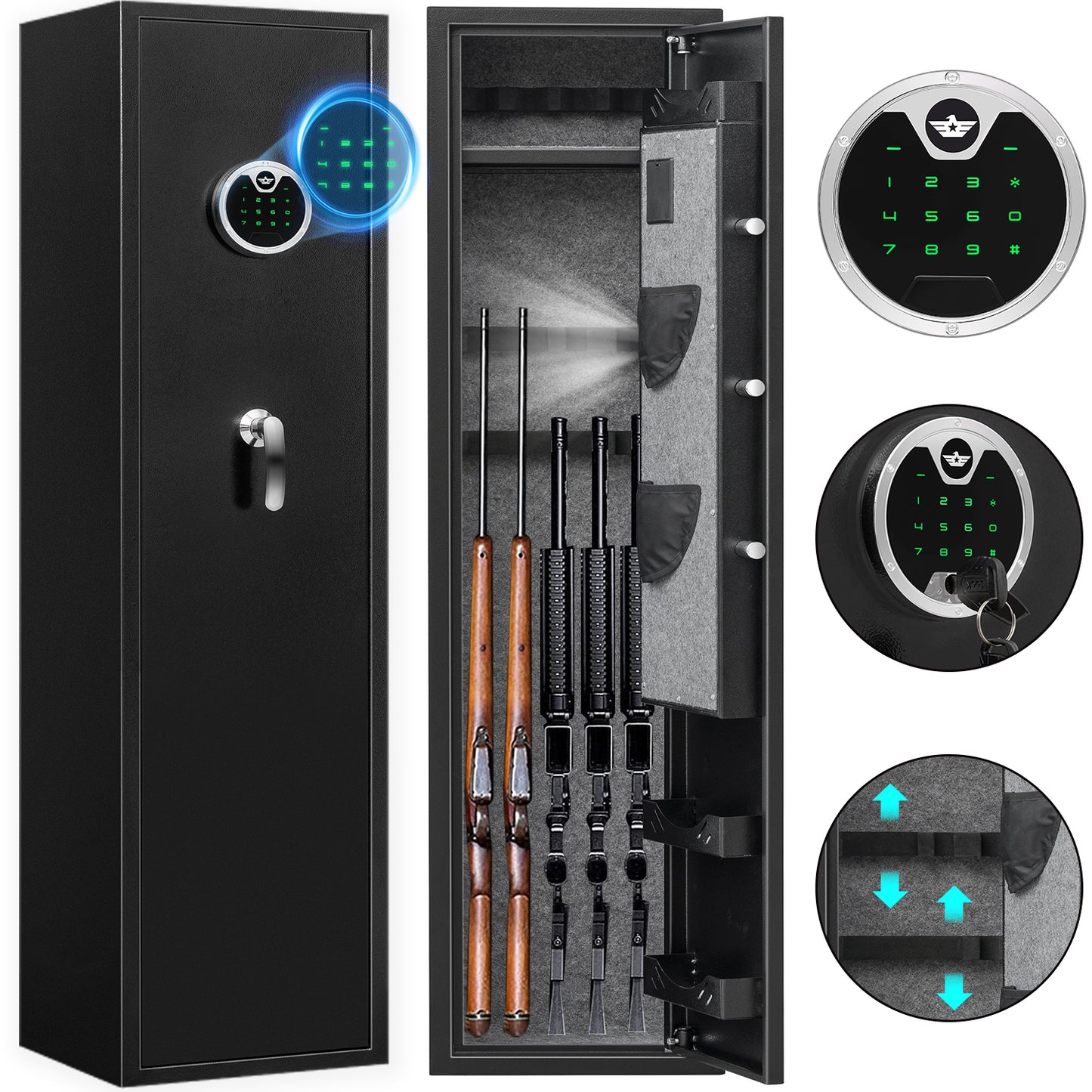 Digital Gun Safe, 3-5 Gun Rifle Safes for Home Rifles and Pistols, Long Gun Safe with Adjustable Support Frame, Pistols Rack, Ammo Storage Shelf and Pistol Bag