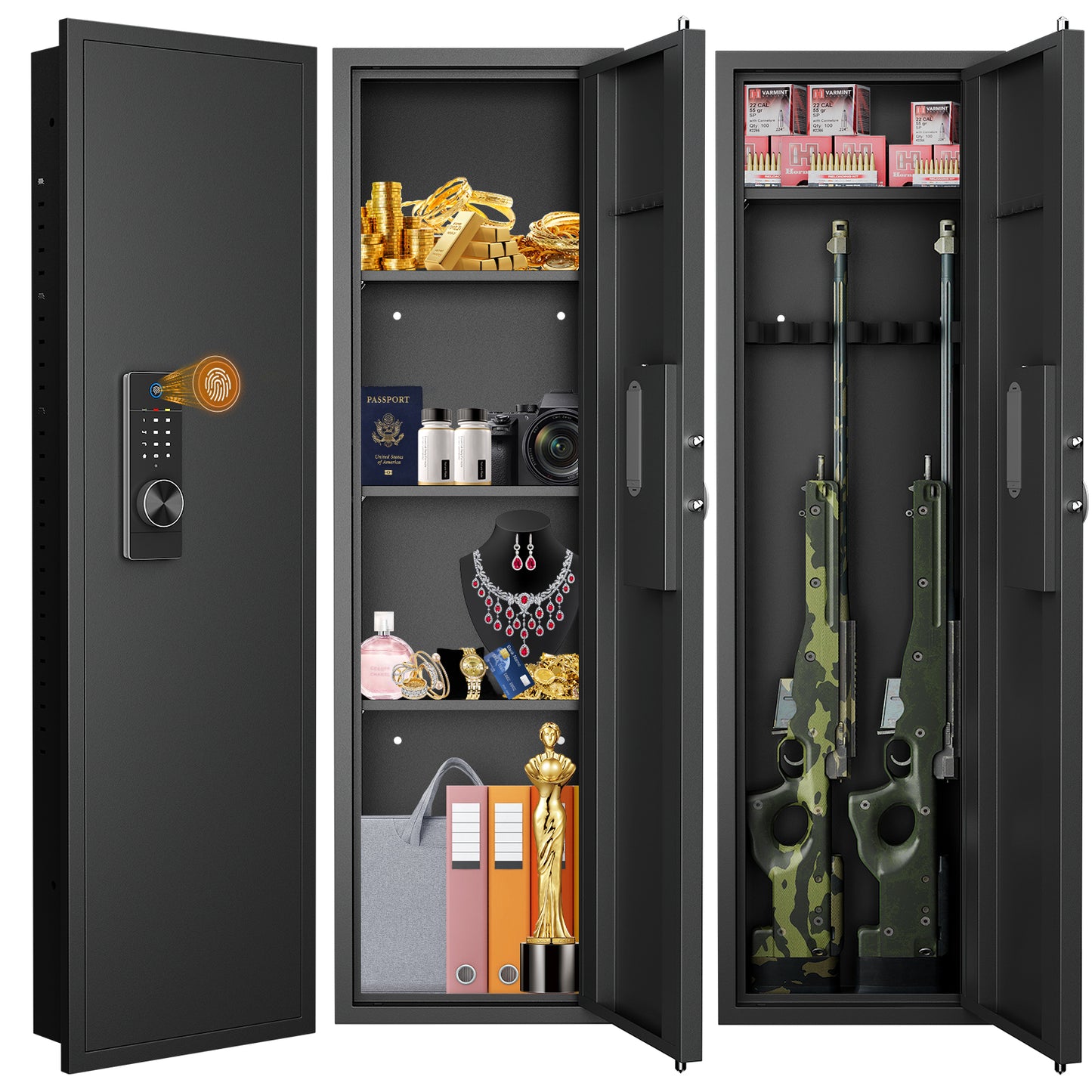 OME KW-135HW 53.15" Tall Wall Safe Between the Studs 16" Centers, Hidden Wall Safes With Removable shelfs and Adjustable Gun Rack, Biometric Wall Gun Safe for Home Rifle, Cash, Jewelry, Documents - Black