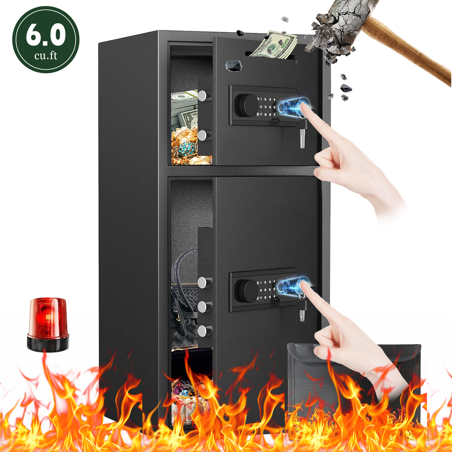 BM 6.0 Cuft Large Biometric Fingerprint Safe Fireproof Waterproof, Anti-Theft Money Safe Box with Deposit Slot & Dual Alarm System, Backlit Keypad Security Document Safe for Home Office Hotel