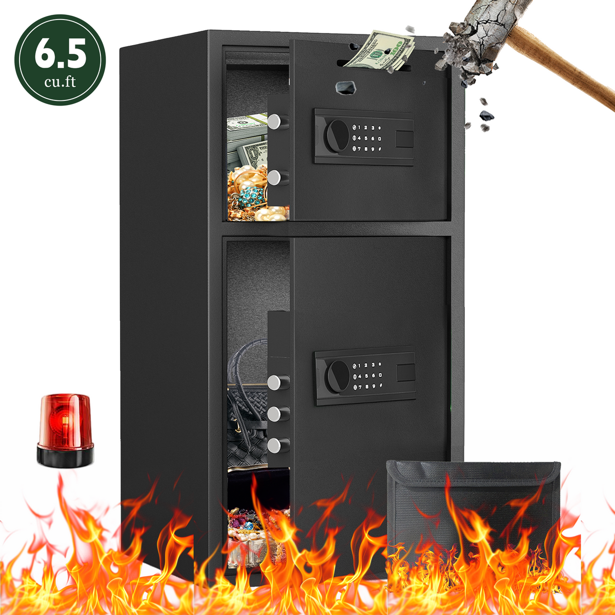 BM- 6.5 Cuft Large Digital Lock Home Safe Fireproof Waterproof, Anti-Theft Money Safe Box with Deposit Slot & Dual Alarm System, Backlit Keypad Security Document Safe for Home Business Office
