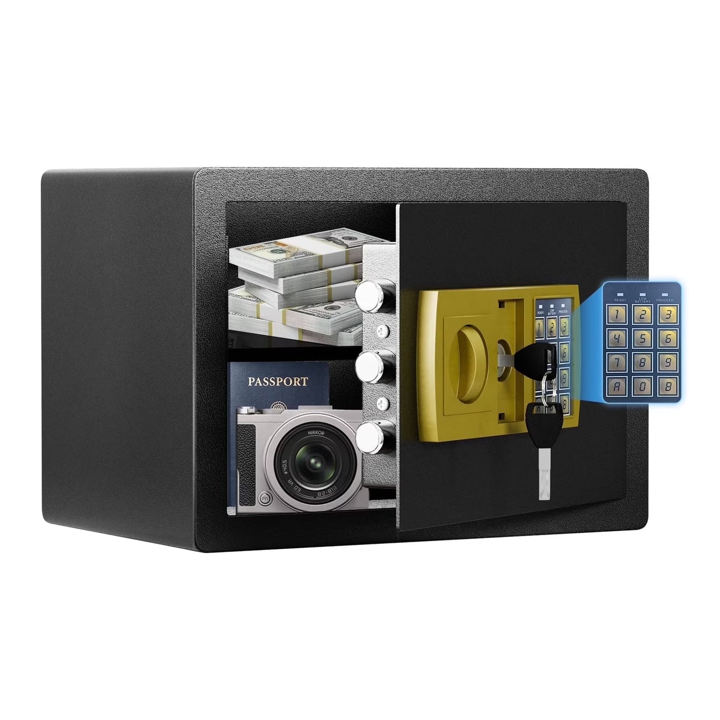 RIFLEWELL 0.8 Cub Safe Box - Small Home Safe for Money Jewelry Documents, Security Safe Box, Solid Steel Lock Box with Digital Electronic Security Keypad for Home Office Hotel (Black Gold)