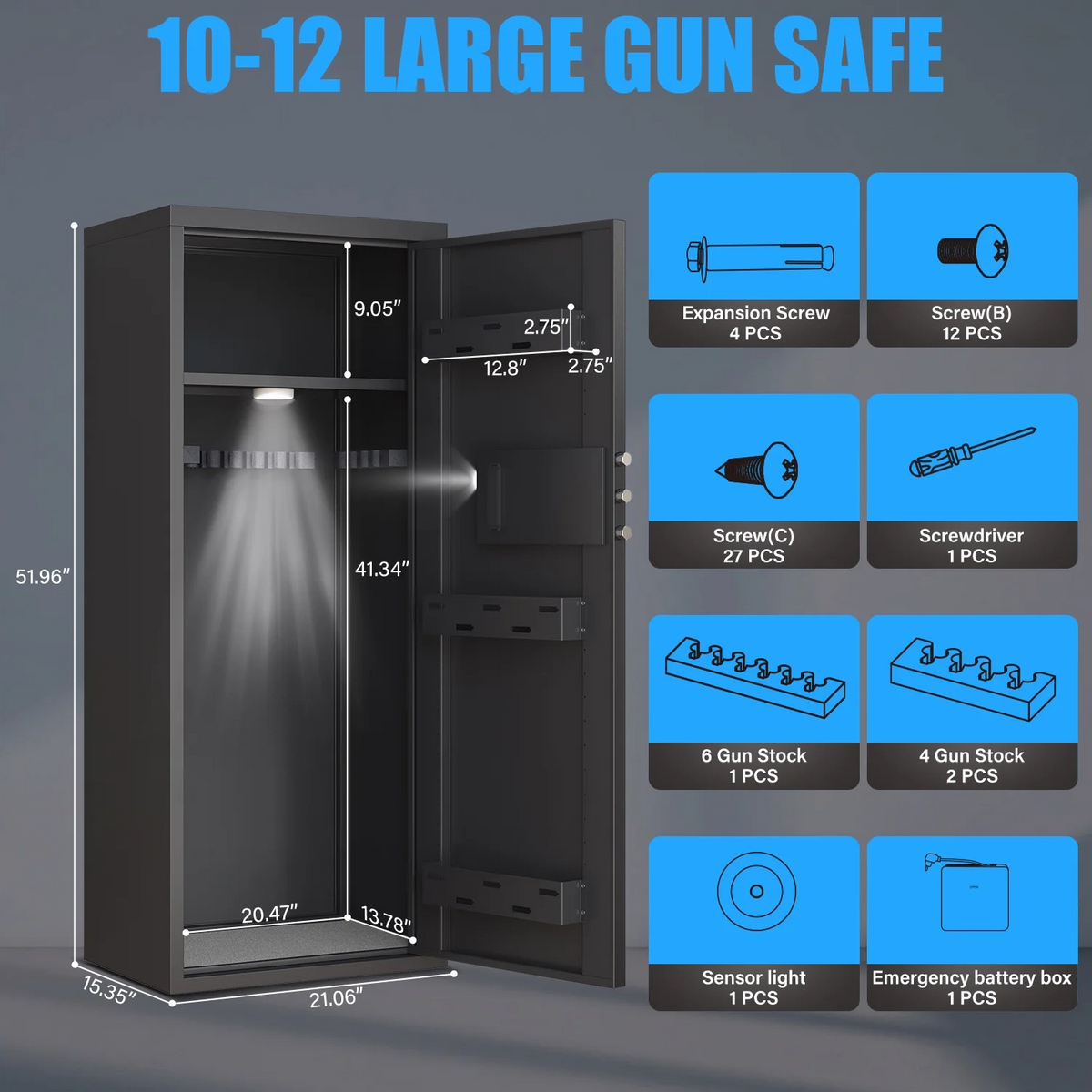 Riflevault Biometric Fingerprint Gun Safe with LCD Screen and Silent Mode, 10-12 Gun Safe for Long Guns and Shotguns with 3 Magnetic Gun Slots and 3 Metal Storage Box