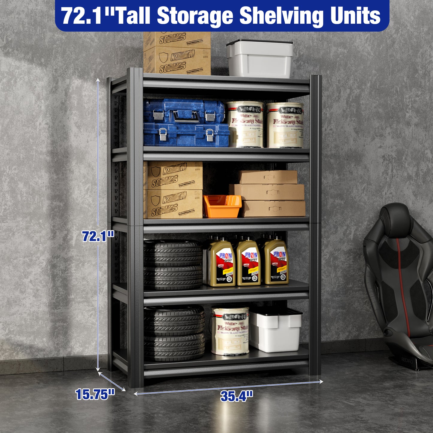 72" H|35.4" W All-Metal Garage Shelving Unit and Storage-Easy Assembly Shelves 5-Tier Rack|Heavy-Duty Adjustable Shelf|Steel Waterproof Rust-Resistant Shelves for Industrial