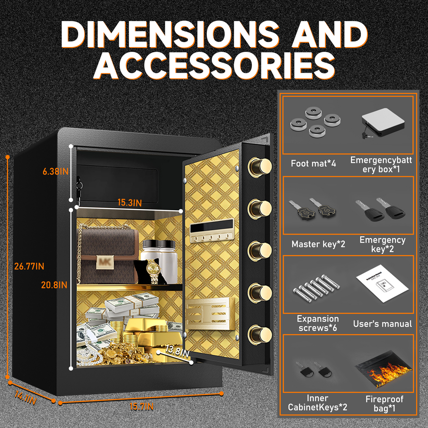 BM 6.0 Cuft Large Home Safe Fireproof Waterproof, Anti-Theft Money Safe Box with Removable Shelf & Dual Alarm System, Digital Security Document Safe for Home Business Office, Gold