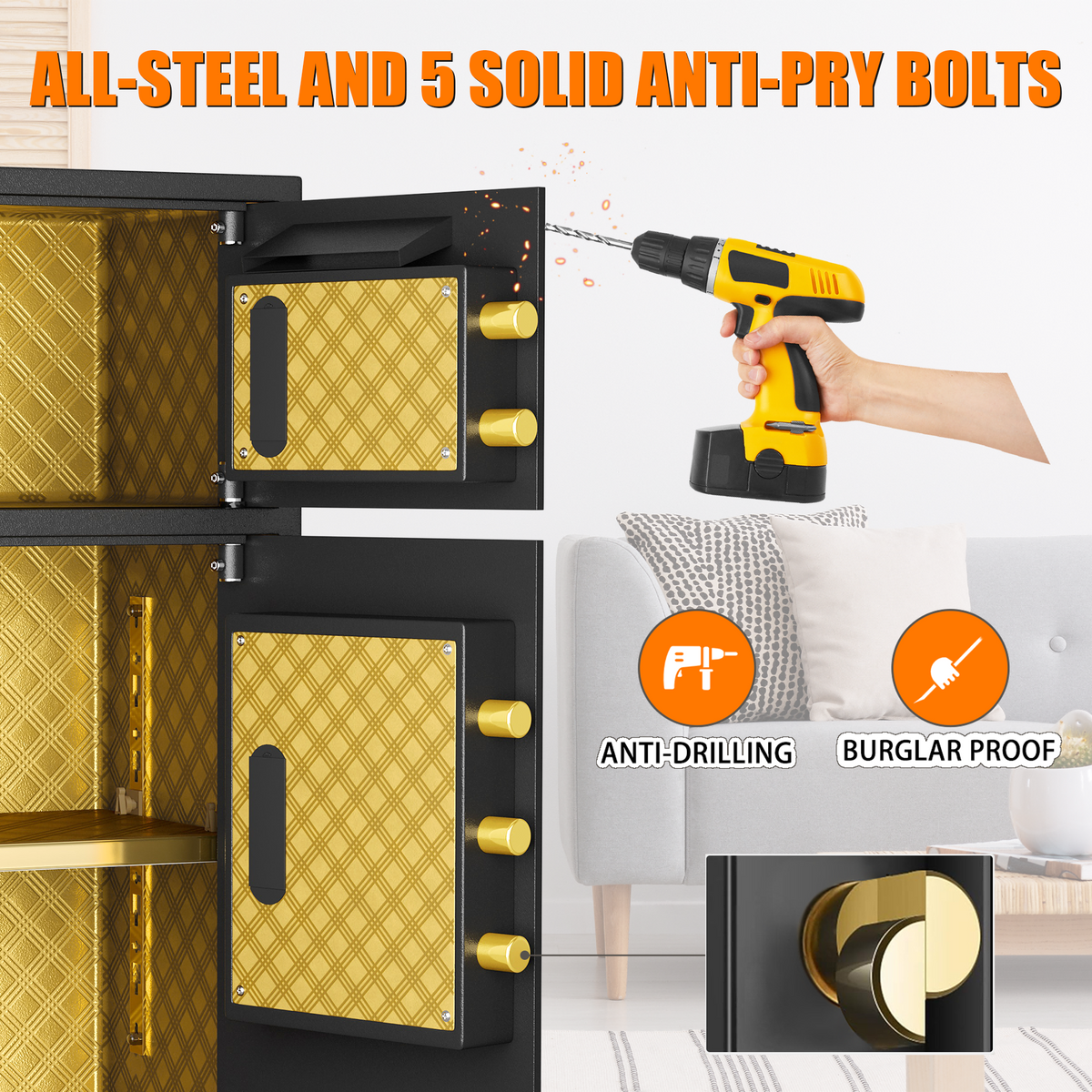 BM 6.5 Cuft Double-Door Large Home Safe Fireproof Waterproof, Anti-Theft Money Safe Box with Removable Shelf & Dual Alarm System, Digital Security Document Safe for Home Business Office, Gold