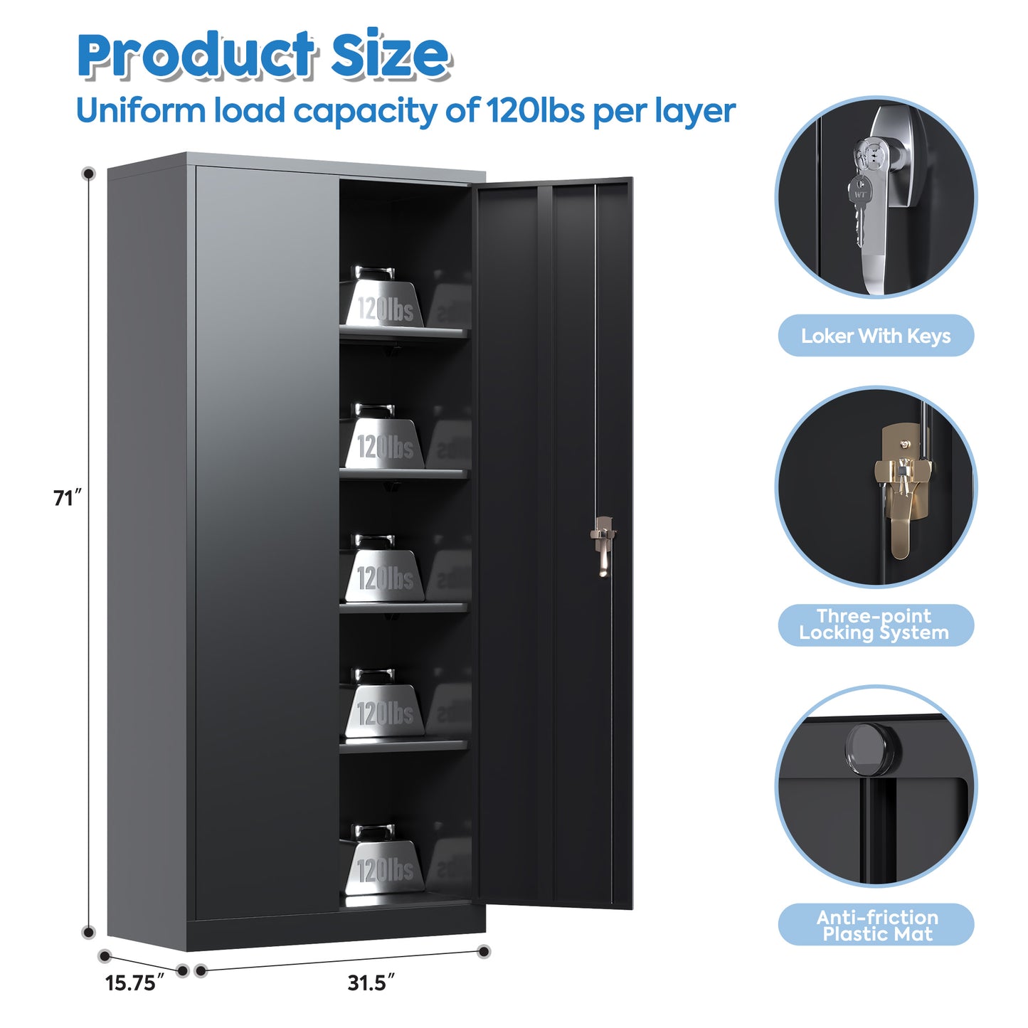 Metal Cabinet, 72” Black Tool Steel Locking Cabinet with Doors and 4 Shelves, Tall Cabinets for Garage Storage Systems Lockable File Cabinet for Home Office, Classroom/Pantry