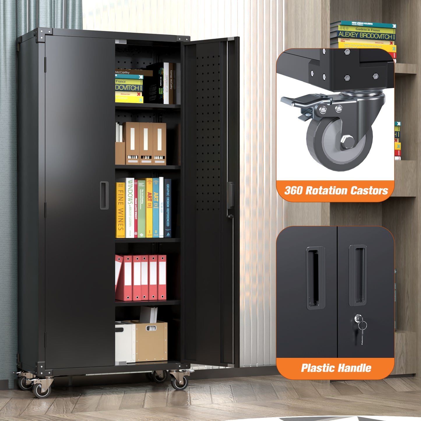 Metal Storage Cabinet with Wheels, 72" Black Garage Rolling Cabinet with Doors and 4 Shelves, Steel Locking Cabinets Tall Tool Lockable Storage Cabinets for Basement, Pantry, Home Office