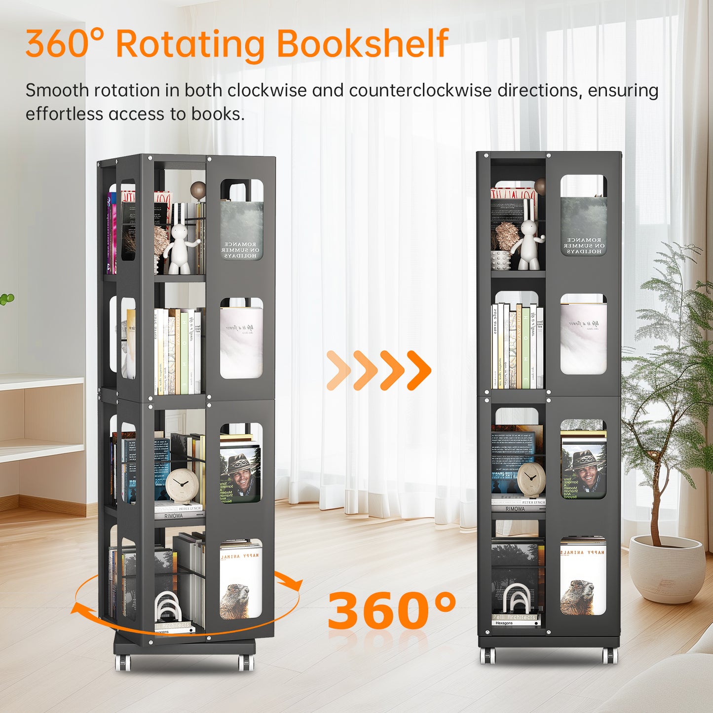 Silkight Book Shelf, 4 Tier All-Steel Rotating Bookshelf with 360° Wheels, Large Size Shelves Corner Book Shelf for Kids Rooms,Easy Assembly