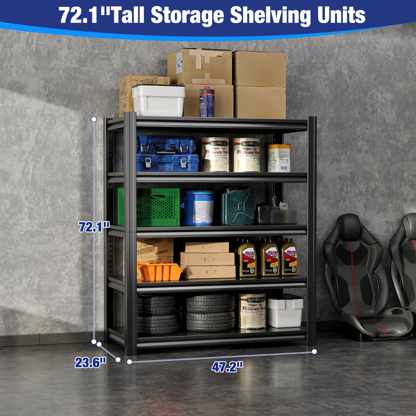 72" H Garage Shelving Unit-Adjustable 5-Tier Heavy-Duty Metal Storage Rack|3000 lbs Capacity Shelf|Easy Assembly Shelves|Rust-Resistant|Perfect for Garage Basement Workshop Organization