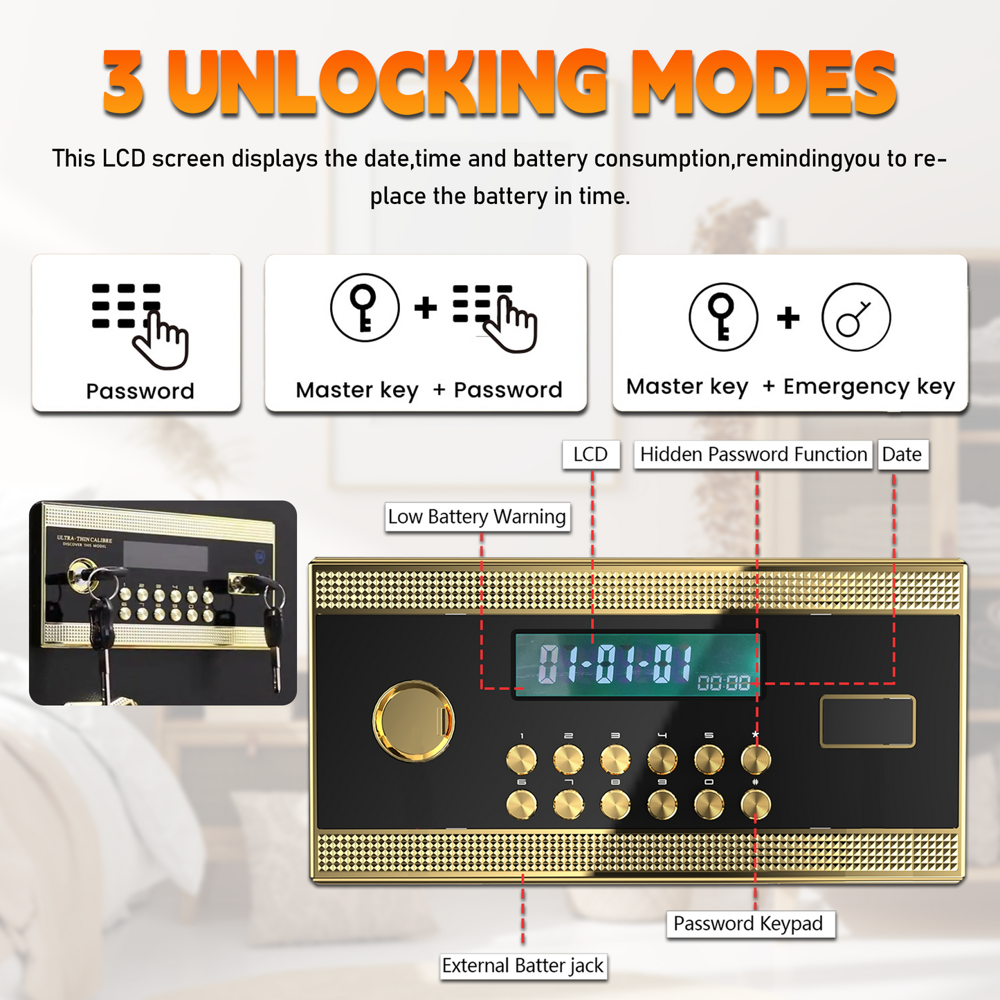 BM 5.5 Cuft Large Home Safe Fireproof Waterproof, Anti-Theft Money Safe Box with Removable Shelf & Dual Alarm System, Digital Security Document Safe for Home Business Office, Gold