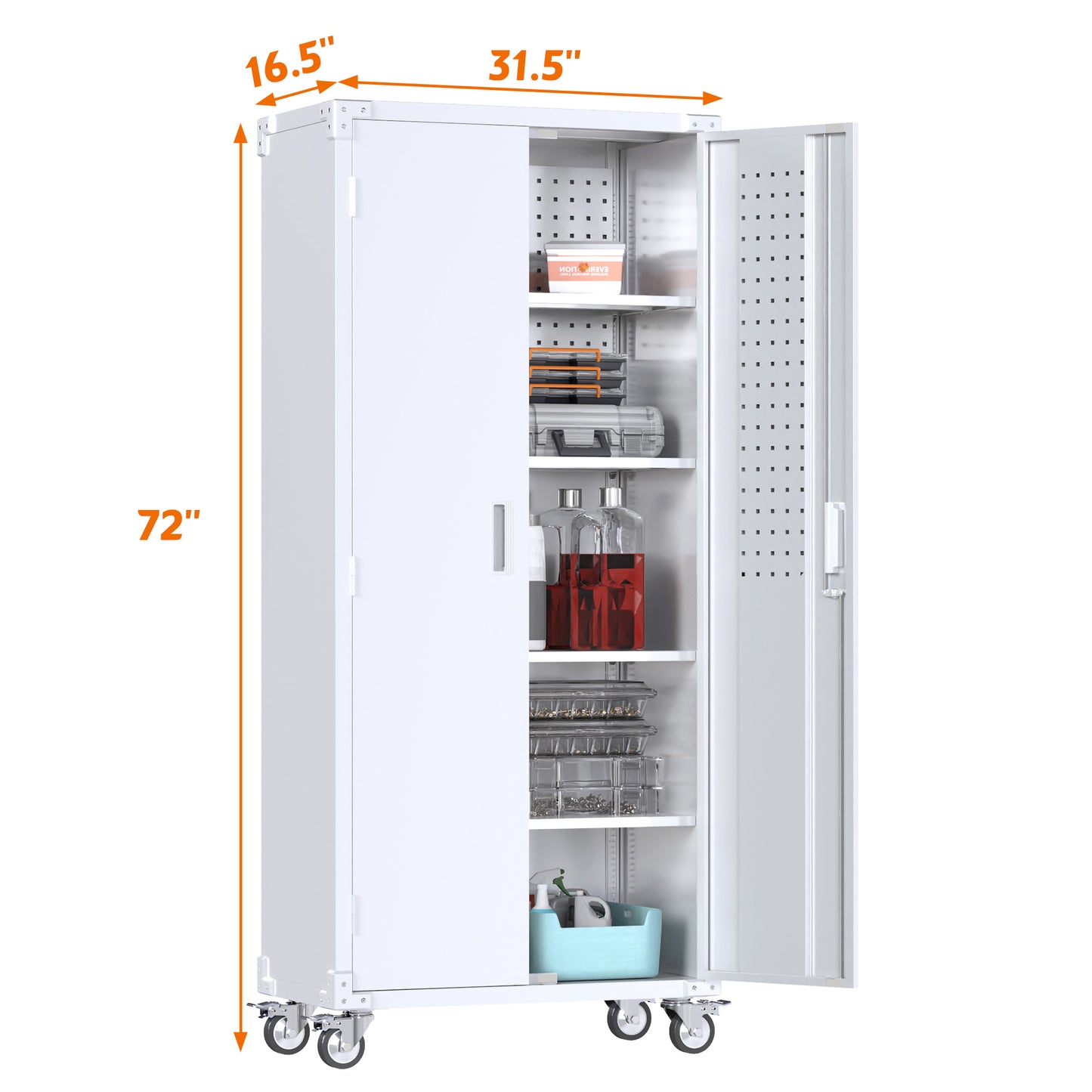 Metal Garage Cabinets with Wheels, 72" Rolling Storage Cabinet with Pegboards and Shelves, Tall Tool Cabinet with Locking Doors for Garage,Home Office,Warehouse(White)