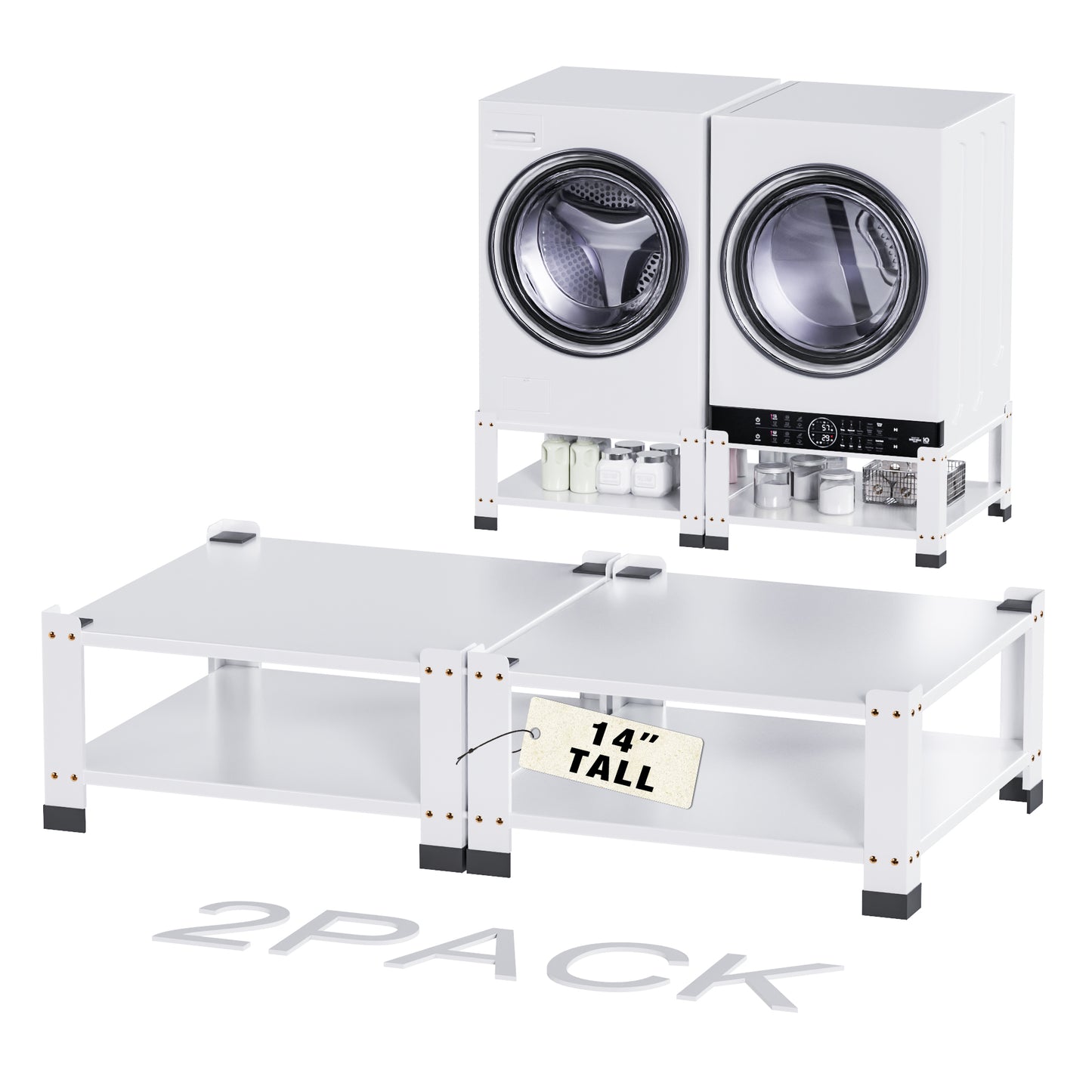 Laundry Pedestal 14" Height, Washer and Dryer Pedestals with Storage Shelf, 700lbs Weight Capacity Washing Machine Stands for Most Washers and Dryers, Assembly Required
