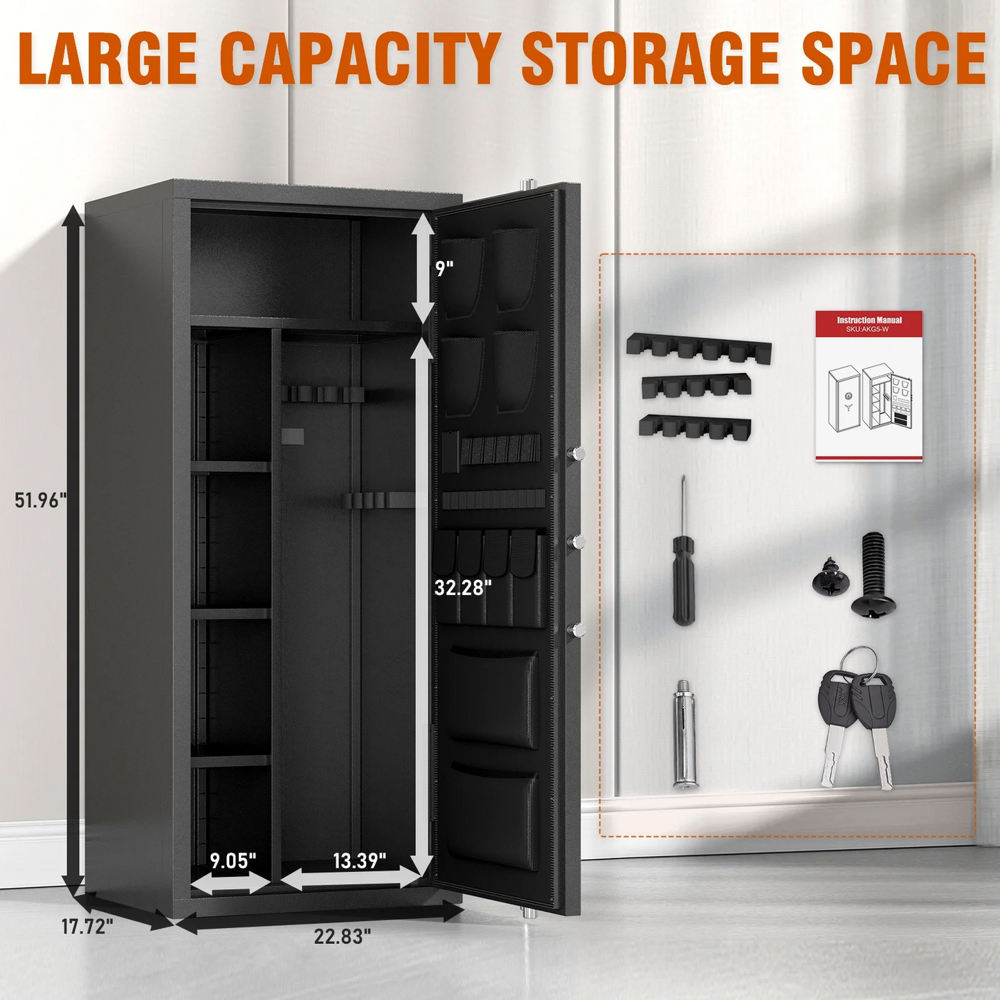 KAV-15-20 Gun Safe, Biometric Fingerprint Gun Safe with Magnetic Induction Light, Large Gun Cabinet with Adjustable Shelves and Gun Slots, Shotgun Safe with Pistol pouches and Magazine Clips