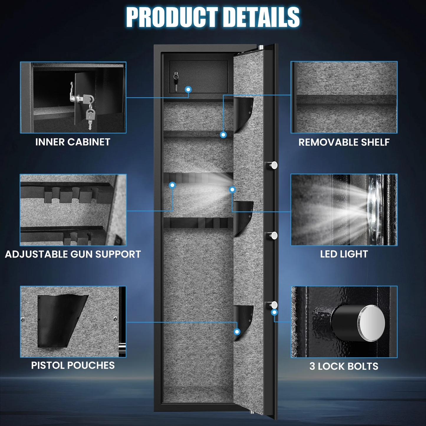 BM- Biometic Gun Safe, 57" Quick Access 5-8 Fireproof Gun Safe , Fingerprint Gun Safe for with LED Light, Mute Function and Dual Alarm System