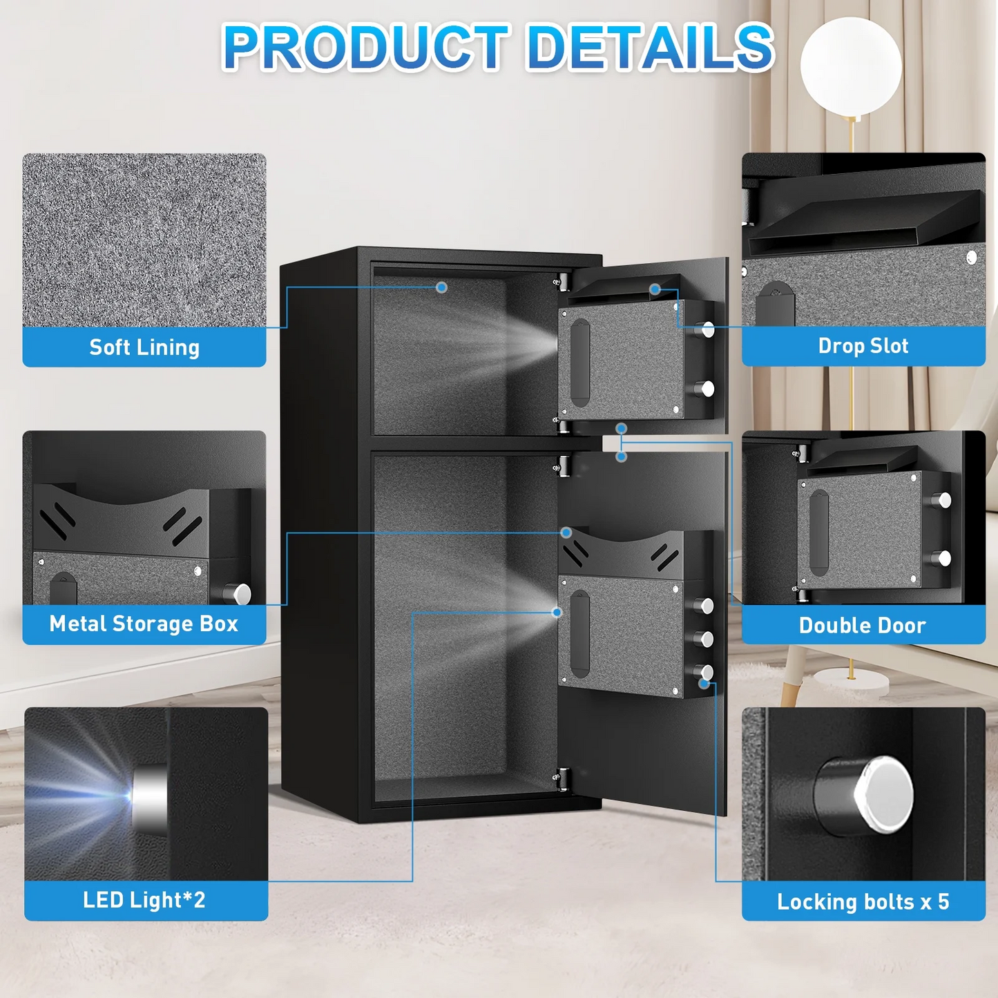 Home safe with fireproof safe box,digital home safe with deposit slot and metal storage box,personal document safe