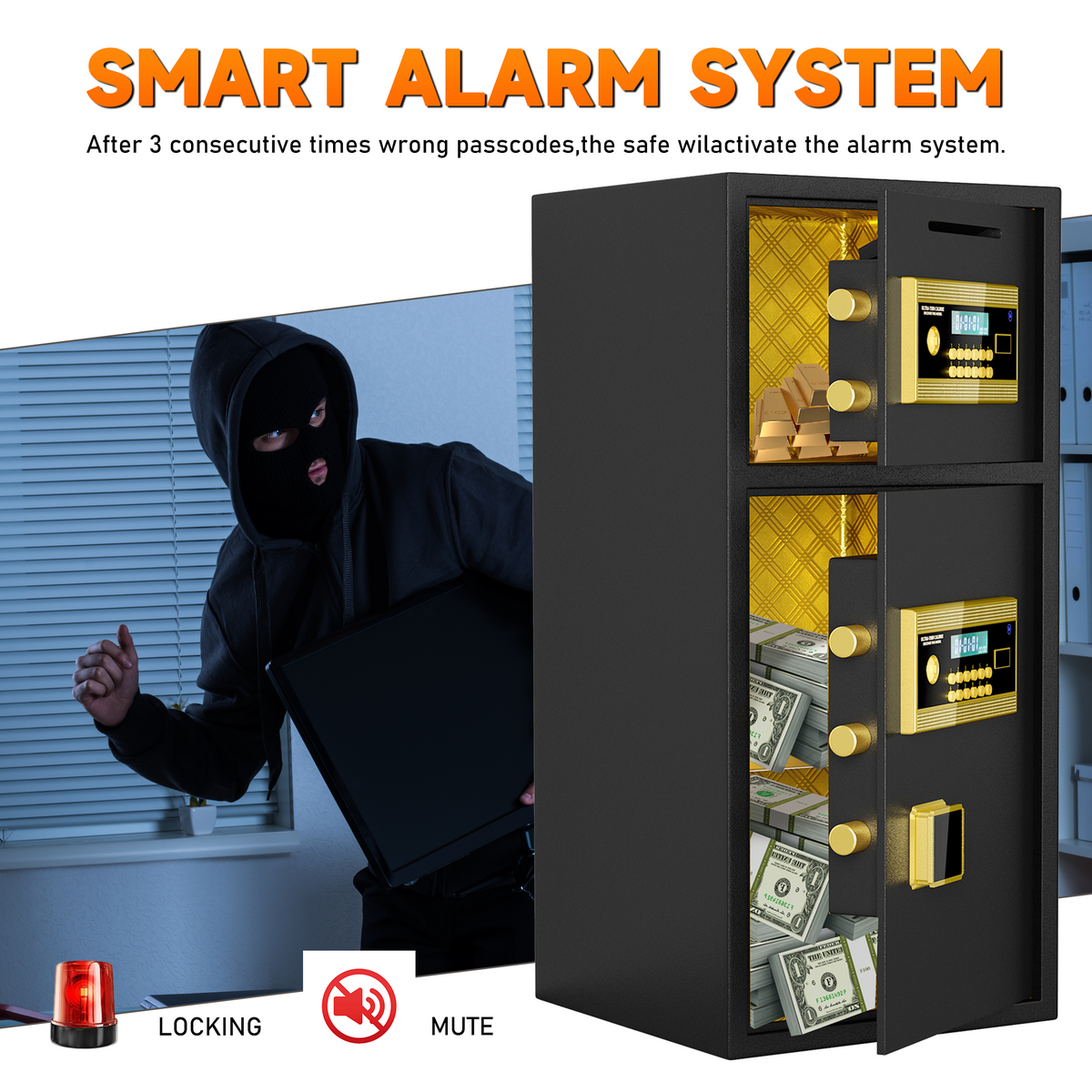 BM 6.5 Cuft Double-Door Large Home Safe Fireproof Waterproof, Anti-Theft Money Safe Box with Removable Shelf & Dual Alarm System, Digital Security Document Safe for Home Business Office, Gold