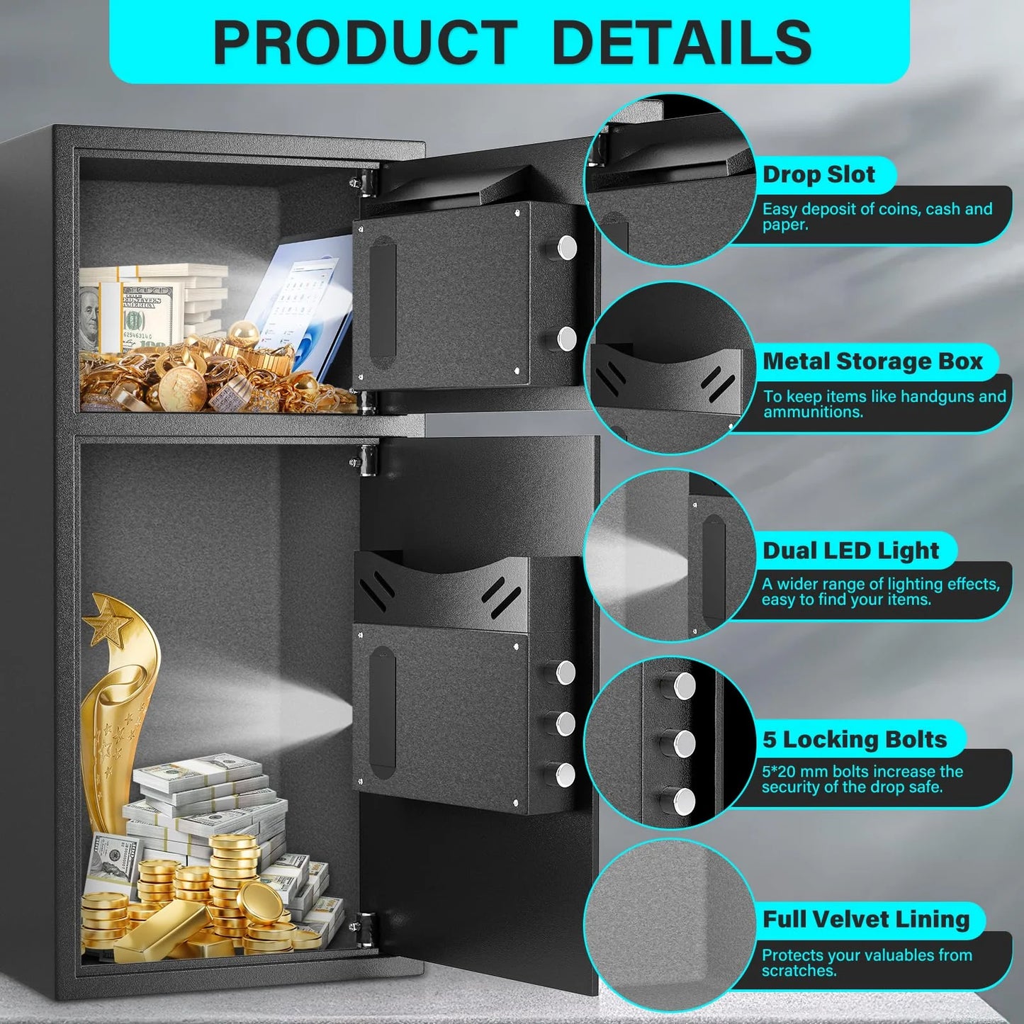 BM-K1-75 6.5 Cub Extra Large Safe Box, Home Safe .