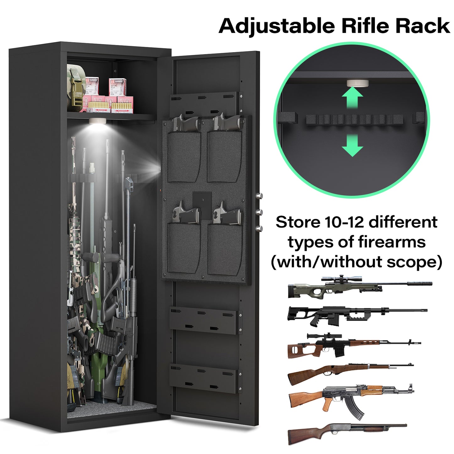 KAV Gun Safe with Removable Shelf and 3 Magnetic Gun Slots, 10-12 Unassembled Large Gun Safe for Rifles and Pistols, Gun Cabinet with Magnetic Induction Light and Storage Bag