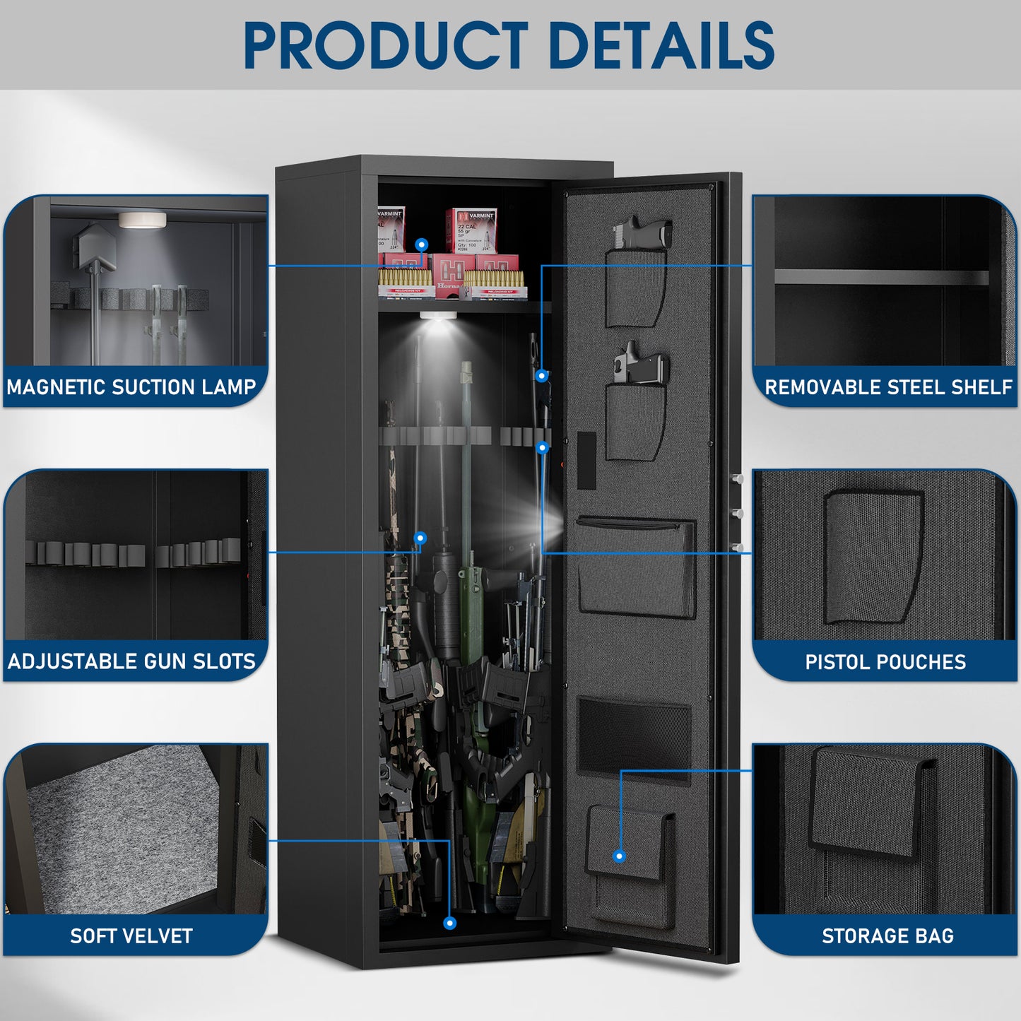 6-8 Rifle Gun Safe, Large Gun Safe with Digtal Keypad and Dual Alarm, Quick Access Gun Cabinet for Home Rifles and Pistols, Unassembled Gun Safe with Removable Shelves and Adjustable Racks